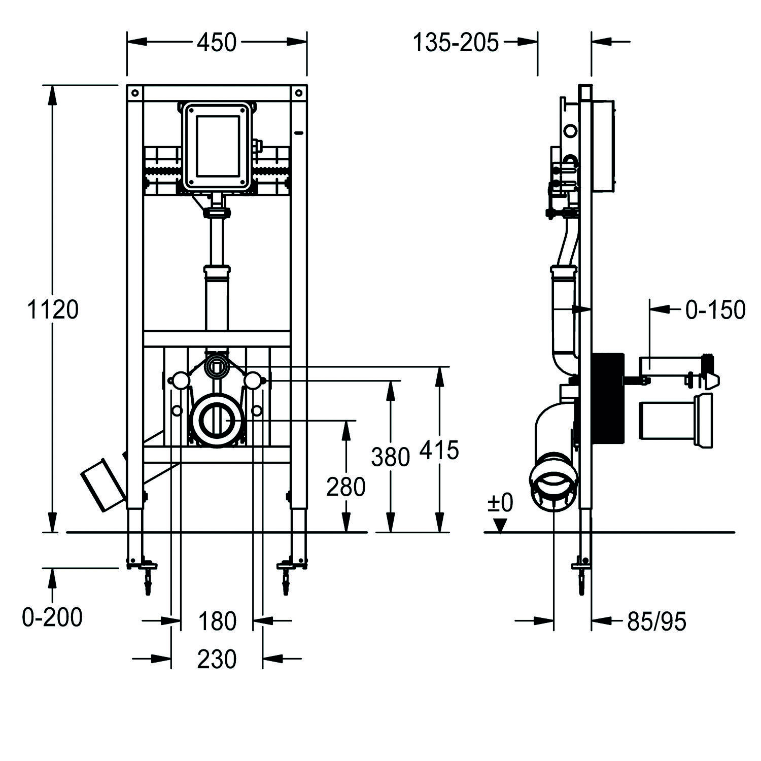 Technische Zeichnung eines Sanitärinstallationsrahmens mit mehreren beschrifteten Maßangaben, einschließlich Breite 450 mm, Höhe 1120 mm und verstellbaren Bereichen.