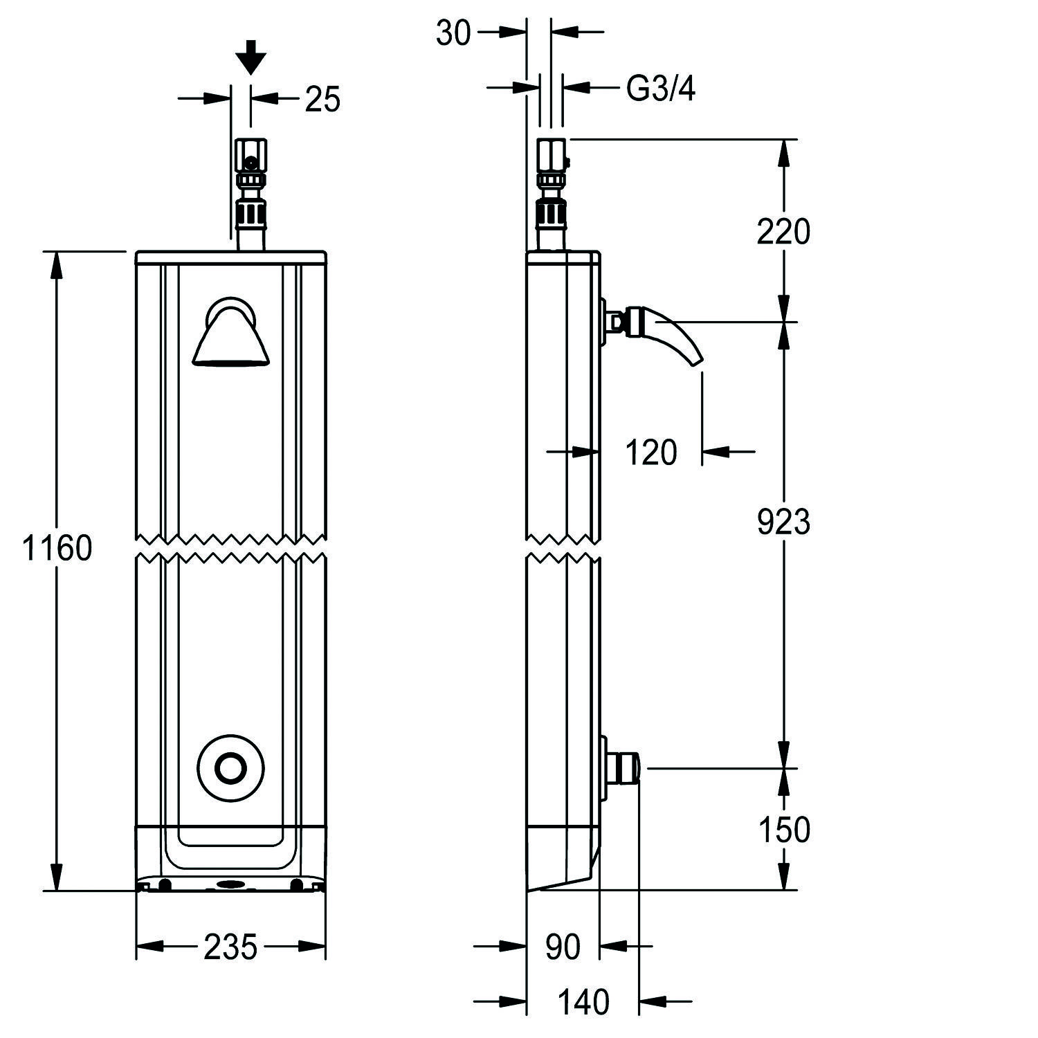 Technische Zeichnung einer Wandmontage-Duscheinheit, mit Vorder- und Seitenansicht. Schlüsseldimensionen: Höhe 1160 mm, Breite 235 mm, Tiefe 140 mm.