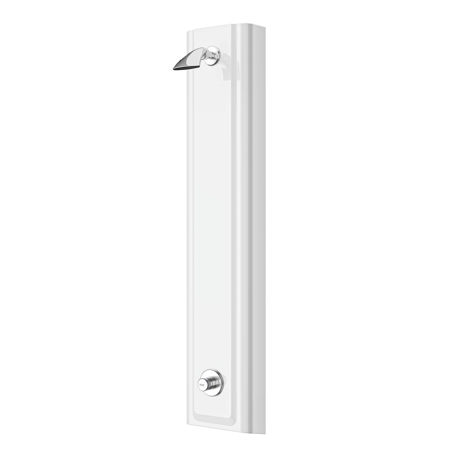 Ein schlankes, rechteckiges weißes Panel mit minimalistischem Design, das an der Oberseite eine kleine, hervorstehende Ausgussöffnung und unten einen runden Knopf aufweist.