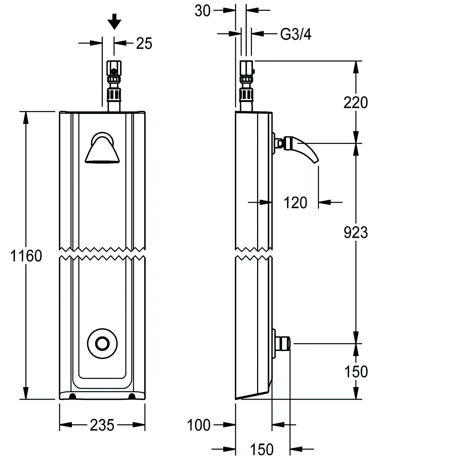 Technische Zeichnung eines wandmontierten Geräts mit Abmessungen: Höhe 1160 mm, Breite 235 mm, Tiefe 150 mm. Ausgestattet mit einer Ausgabedüse.
