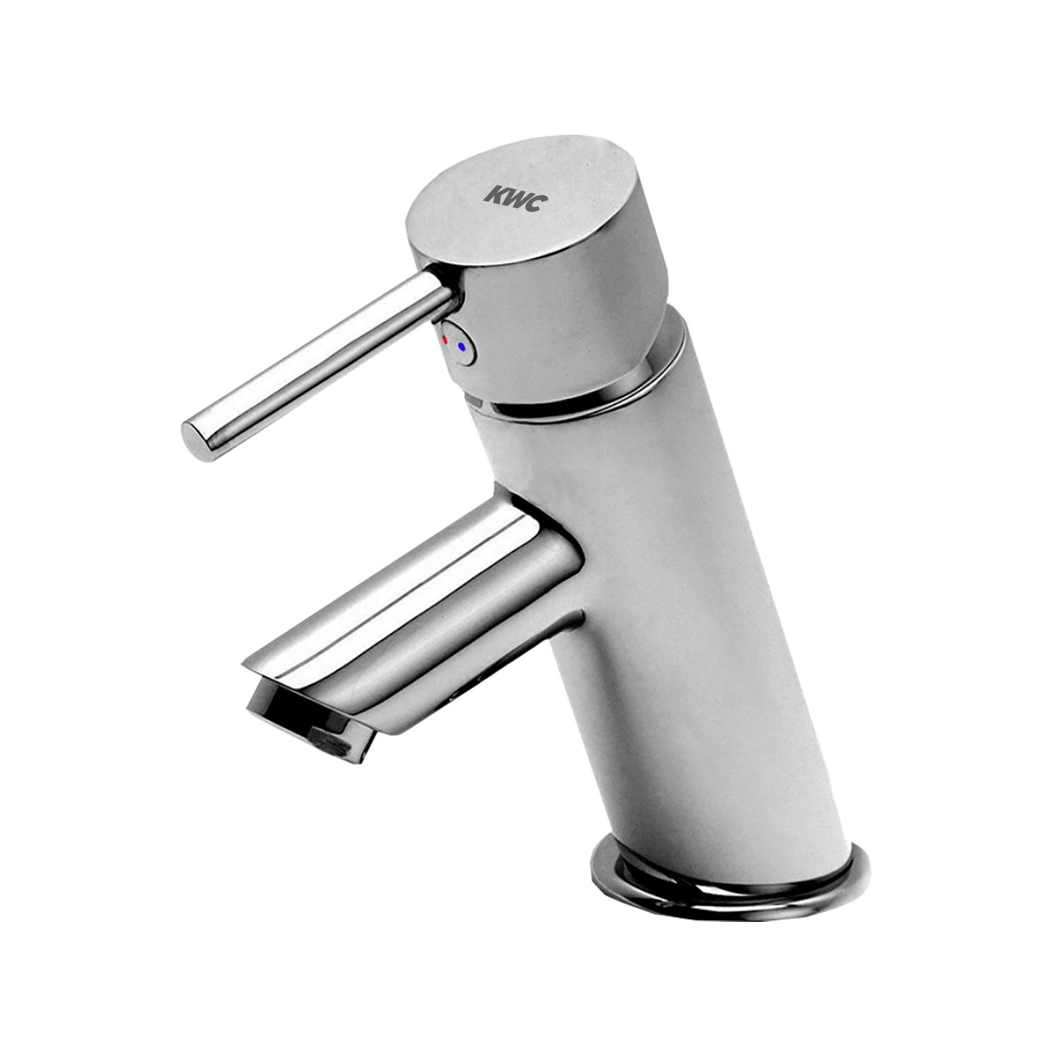 Ein schlanker, moderner Wasserhahn aus Edelstahl vor einem schwarzen Hintergrund, ausgestattet mit einem einzelnen Hebel zur Steuerung von Warm- und Kaltwasser.