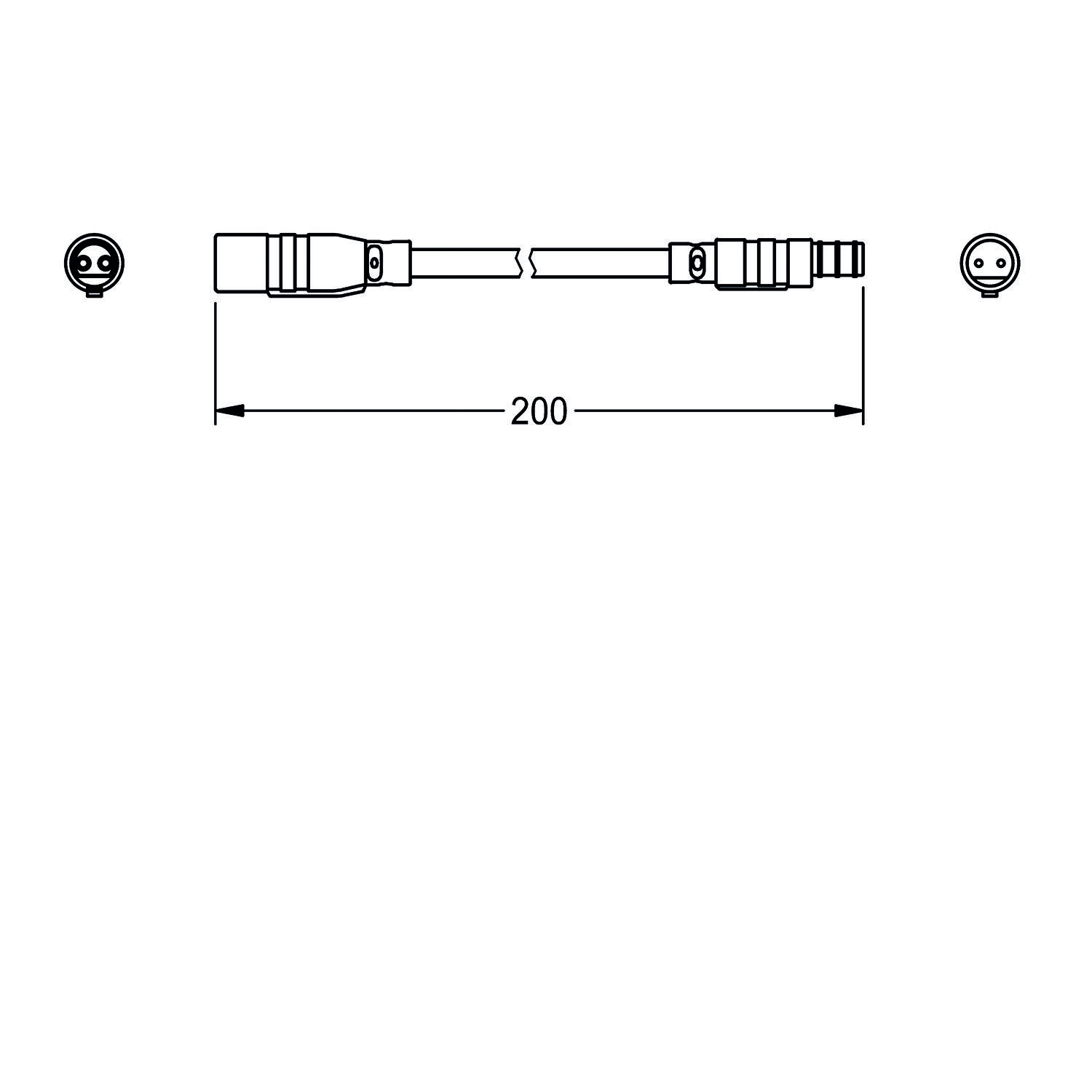 Technische Zeichnung, die ein Kabel mit Steckern an beiden Enden zeigt, das 200 Einheiten lang ist, mit vergrößerten Ansichten des Designs der einzelnen Stecker.