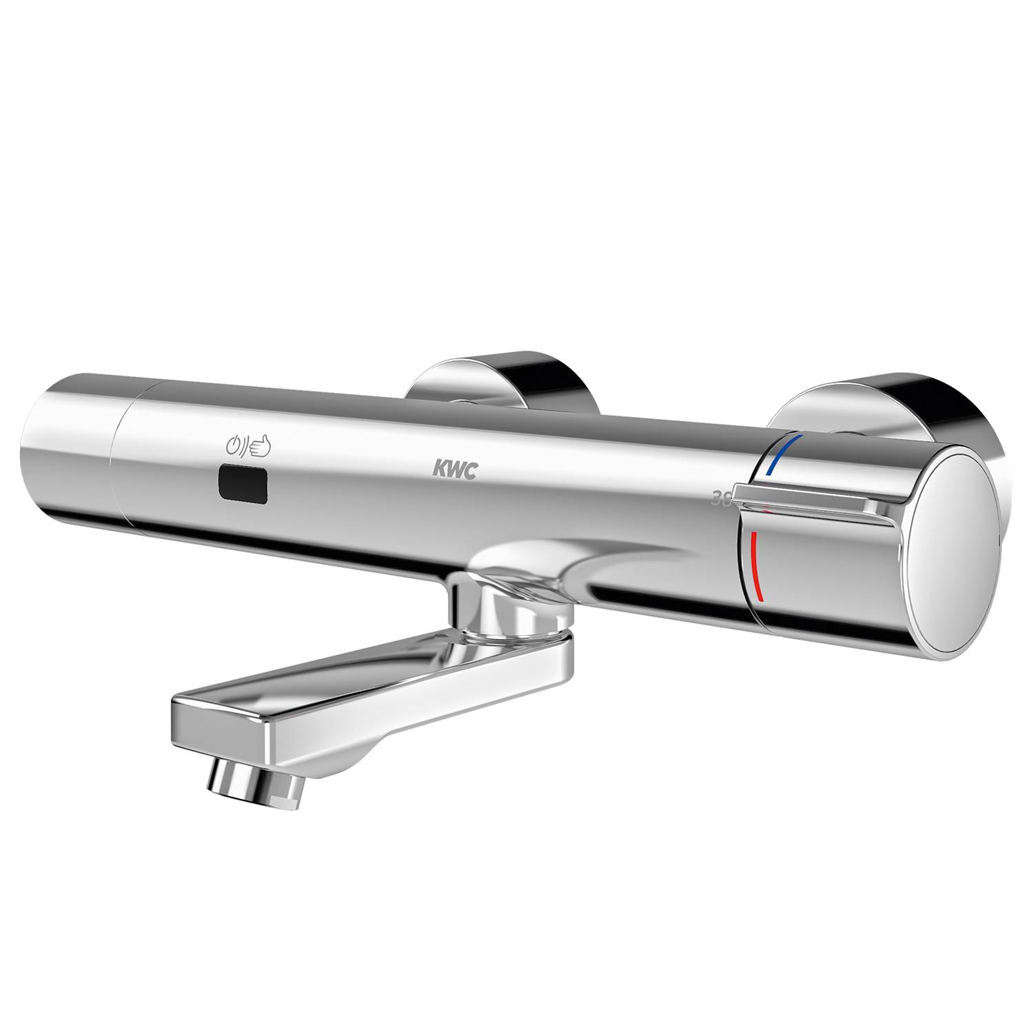 Eine elegante, metallische Wandarmatur mit Doppeltemperaturregelung, gekennzeichnet durch blaue und rote Linien für kaltes bzw. heißes Wasser.