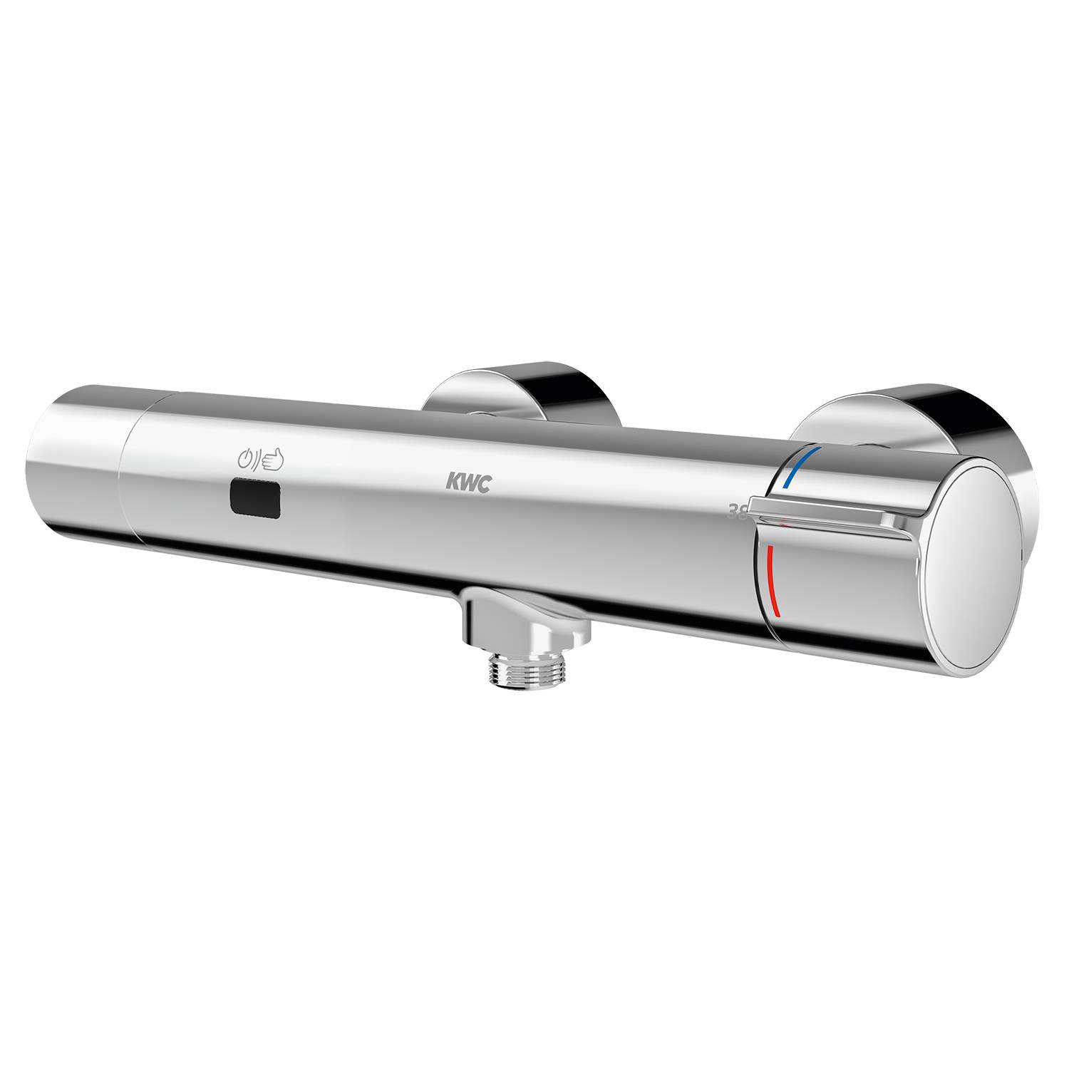 Ein glänzender verchromter thermostatischer Duscharmatur mit beschrifteten Warmwasser- und Kaltwasserreglern, montiert auf schwarzem Hintergrund.