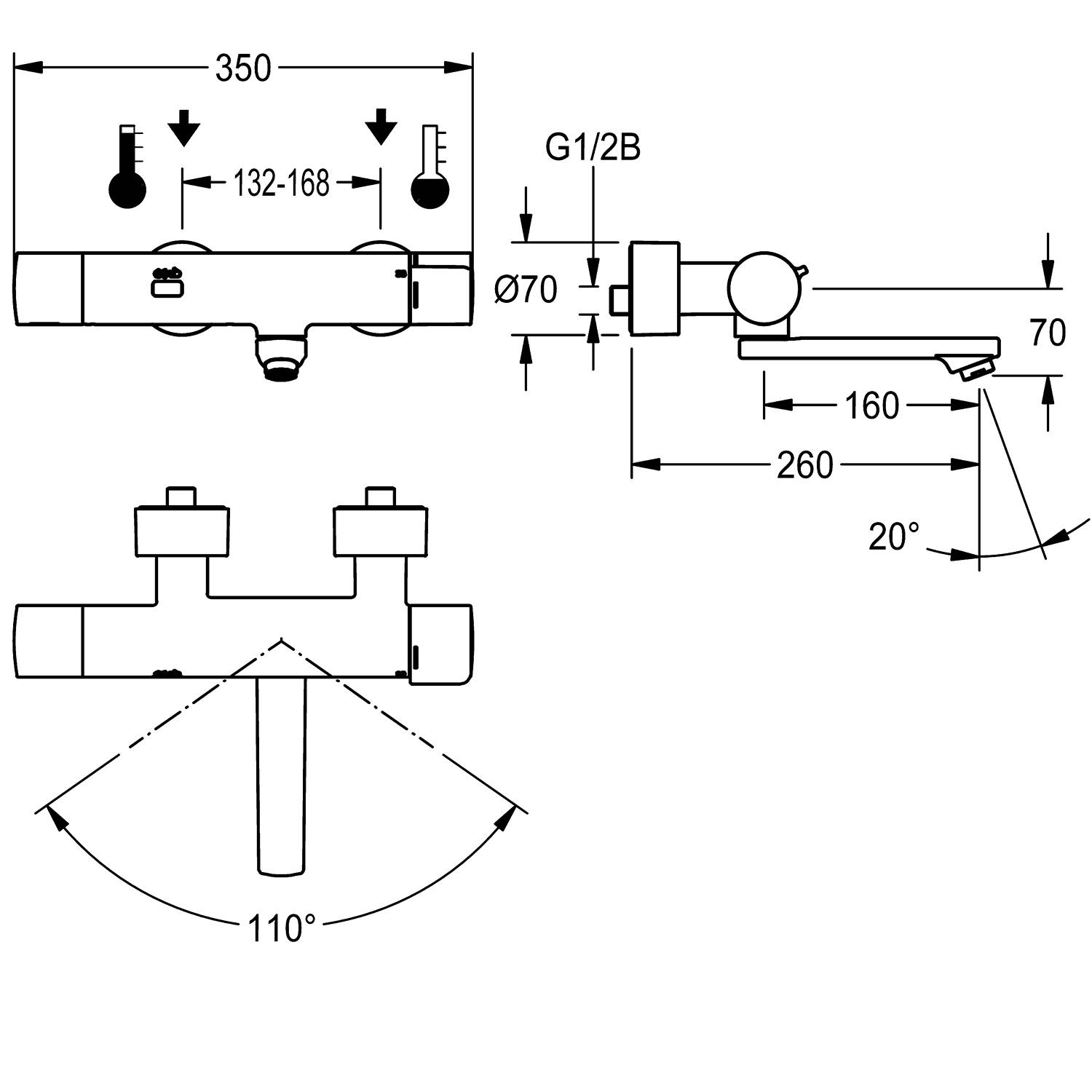 Diagramm eines Wandarmaturen-Wasserhahns mit Spezifikationen: Breite 350 mm, verstellbar 132-168 mm, Schwenkbereich 110°, Auslaufmaße 260 mm x 70 mm.
