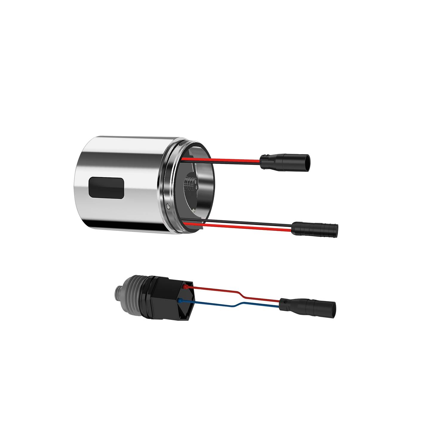 „Eine zerlegte elektromagnetische Komponente mit sichtbaren Leitungen und Gehäuse vor einem schwarzen Hintergrund.