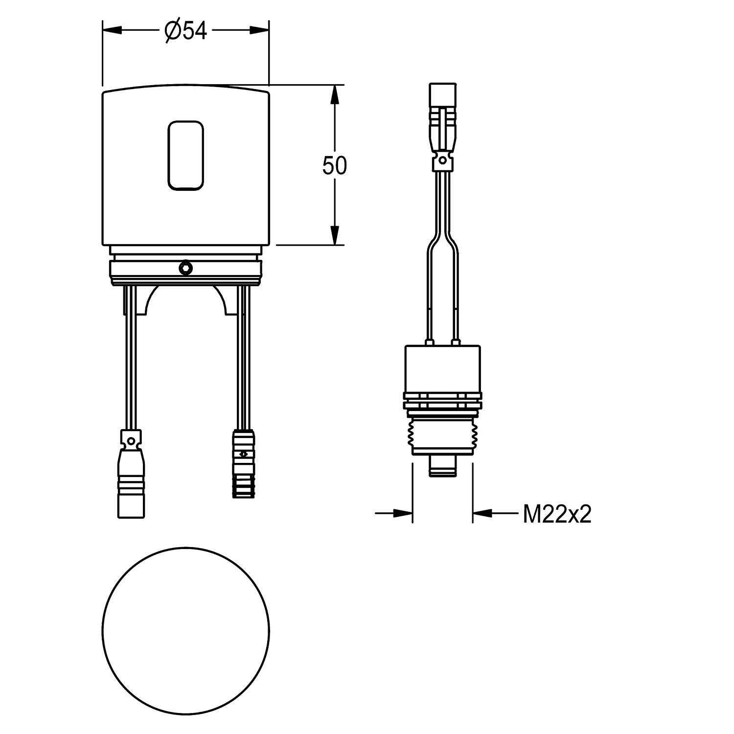Technische Zeichnung eines zylindrischen Objekts mit Abmessungen. Durchmesser beträgt 54 mm, Höhe 50 mm und Anschluss M22x2.