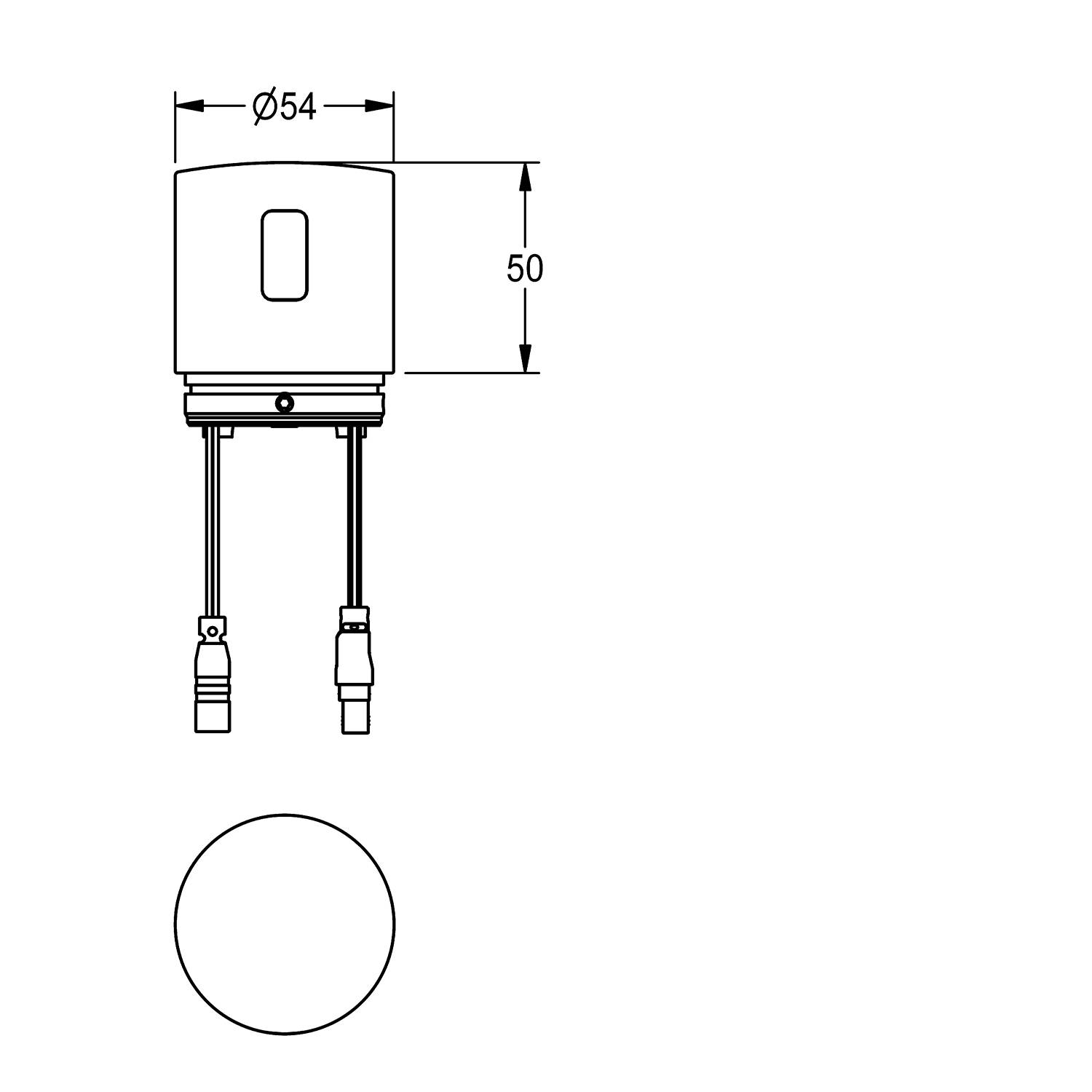 Eine technische Zeichnung, die ein zylindrisches Objekt mit den Abmessungen: Durchmesser 54 mm, Höhe 50 mm und zwei angeschlossenen Drahtleitungen zeigt.