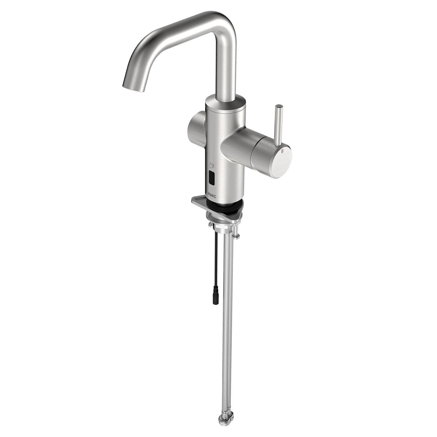 Ein schlanker, metallischer Wasserhahn mit einem einzelnen Hebel und einem geschwungenen Auslauf, von der Seite vor einem schwarzen Hintergrund gezeigt.