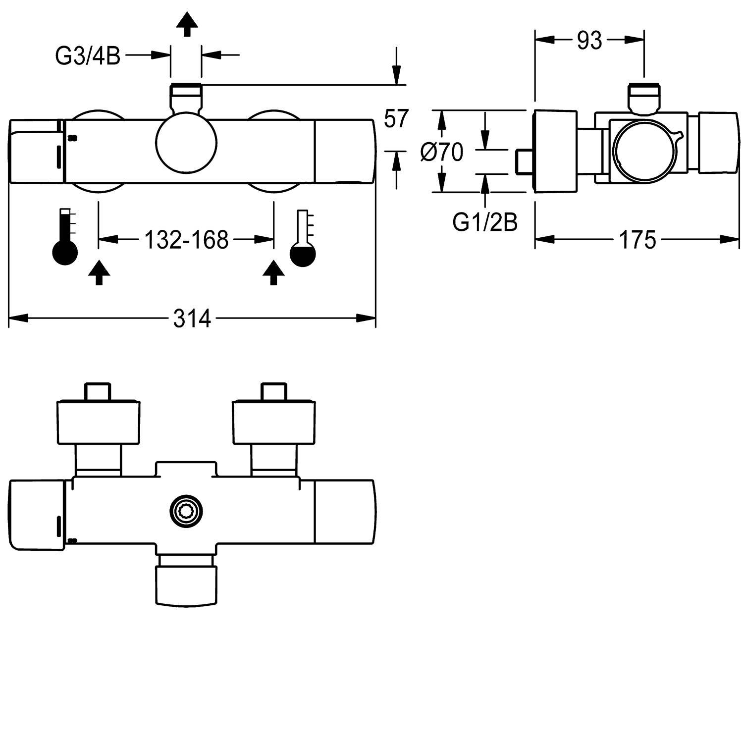 Technische Zeichnung eines thermostatischen Mischventils mit Maßangaben: 314 mm Breite, 132-168 mm verstellbare Distanz, Gewindelgrößen G3/4B und G1/2B.