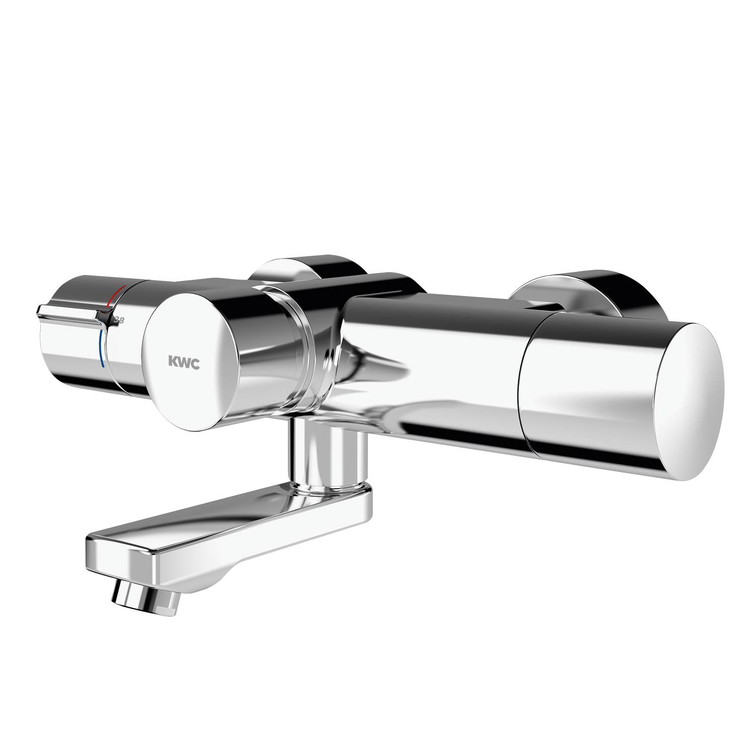 Ein chrom-beschichteter wandmontierter Wasserhahn mit modernem, elegantem Design vor einem schwarzen Hintergrund.