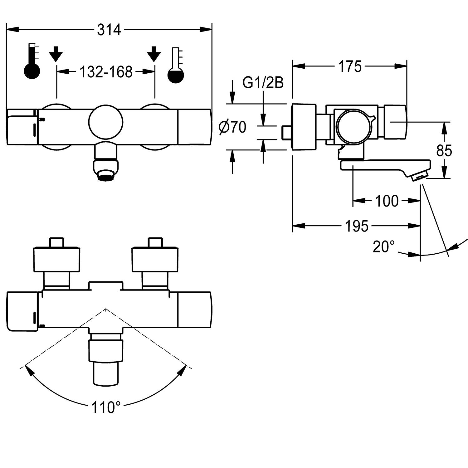 Technische Zeichnung eines thermostatischen Duschenmischers. Dargestellte Abmessungen umfassen 314 mm Breite, G1/2-Zoll-Einlass, 132-168 mm Abstand und 20-Grad-Auslaufwinkel.
