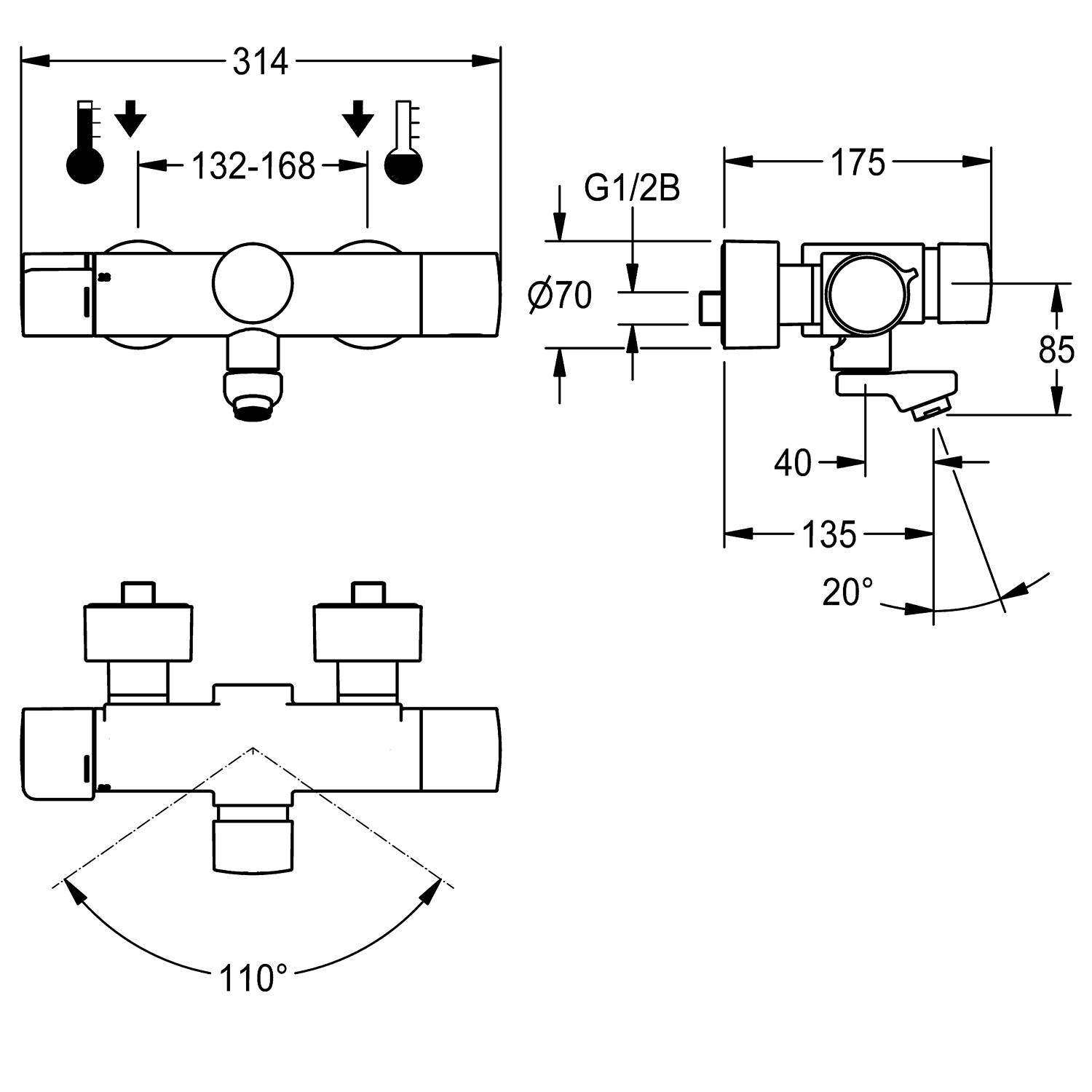 Klempnerzeichnung zur Darstellung der Abmessungen und Spezifikationen für ein Duschenmischventil: Breite 314 mm, einstellbare Distanz 132-168 mm und Schwenkwinkel 110°.