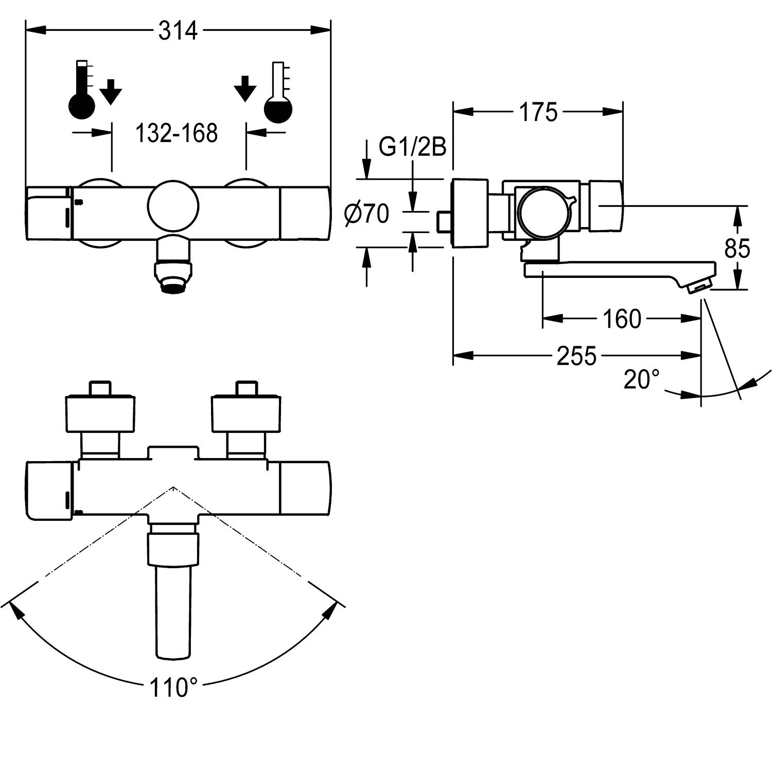 Technische Zeichnung eines wandmontierten thermostatischen Mischventils mit Abmessungen: 314 mm Breite, 132-168 mm Einstellbereich, 110-Grad-Auslauf.