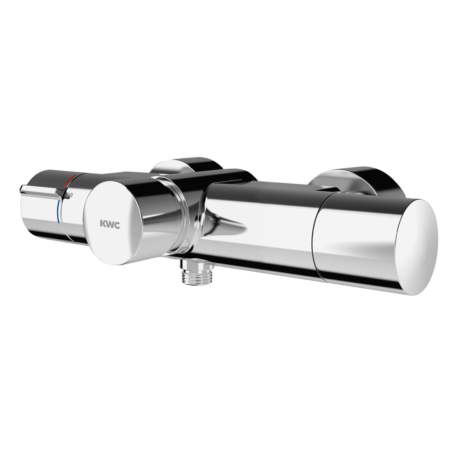 Ein Chrom-Wandmontierter Duschenmischer mit elegantem, zylindrischem Design, ausgestattet mit einem einzelnen Hebel und einer Temperatureinstellungsskala.