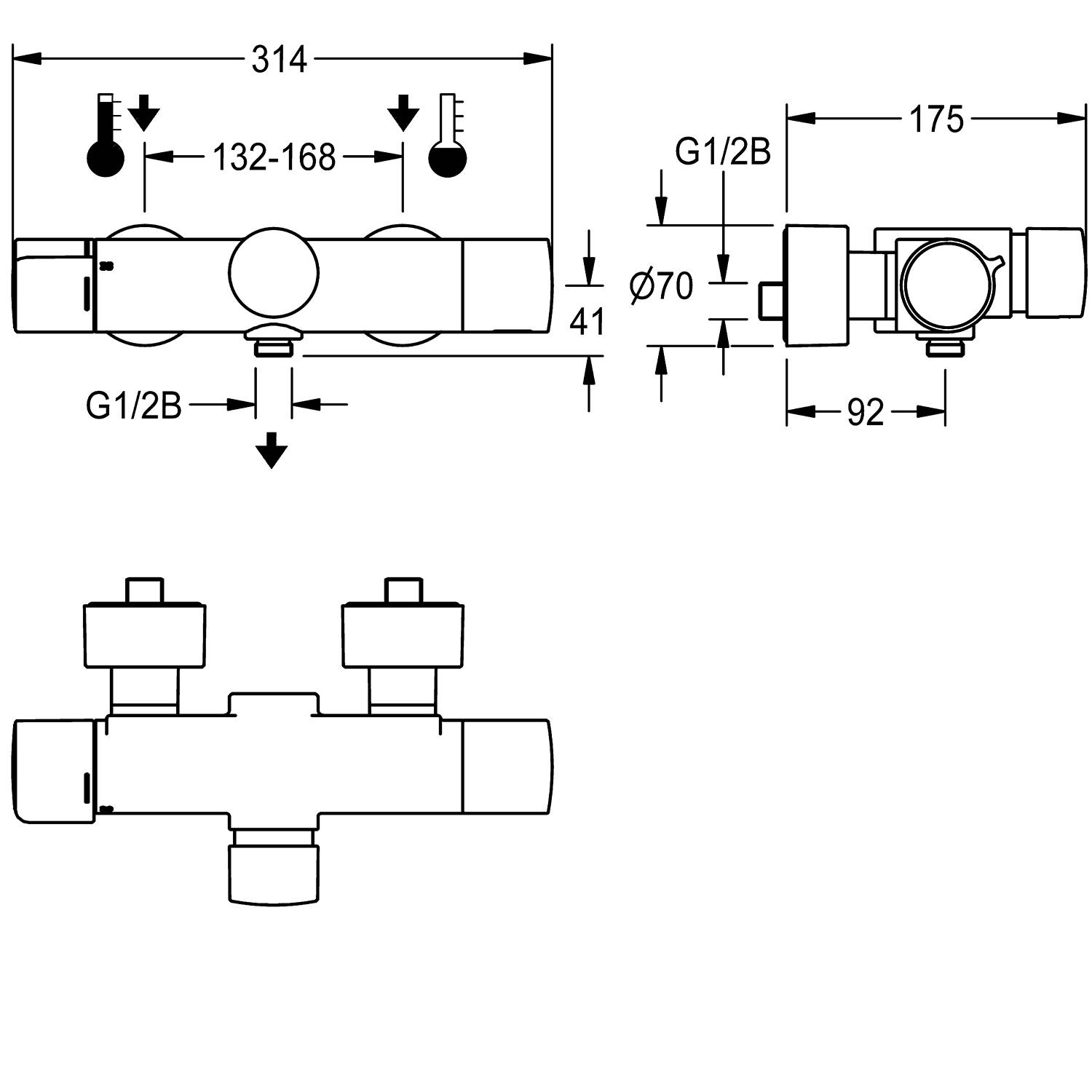 Technische Zeichnung einer Sanitärarmatur mit Maßangaben. Draufsicht zeigt Breite von 314 mm und G1/2B-Gewinde. Seitenansicht zeigt Tiefe von 175 mm und 70 mm Durchmesser für den Einlass.