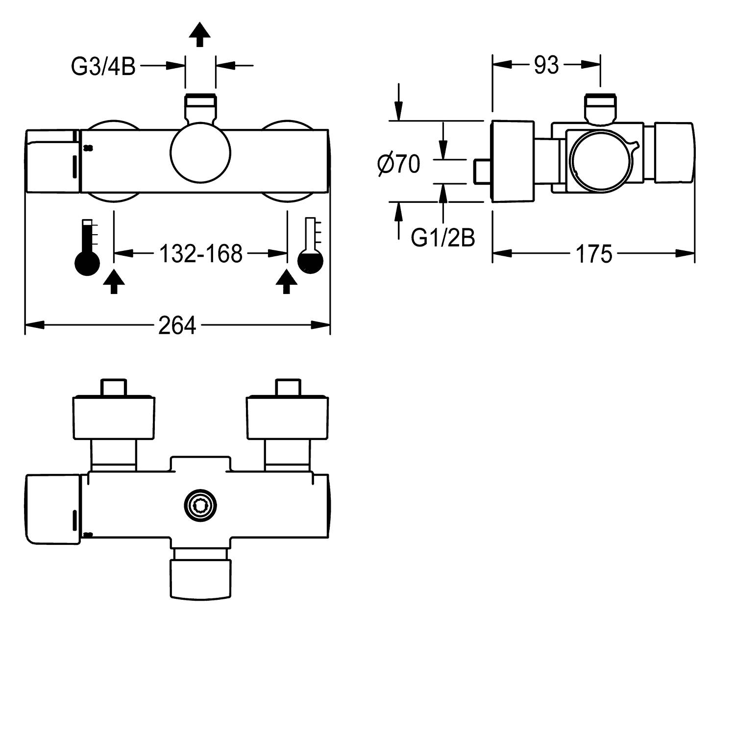 Technische Zeichnung eines Thermostat-Mischventils mit Abmessungen und Anschlüssen: Breite 264 mm, Höhe 93 mm, Einlass G3/4B, Auslass G1/2B.