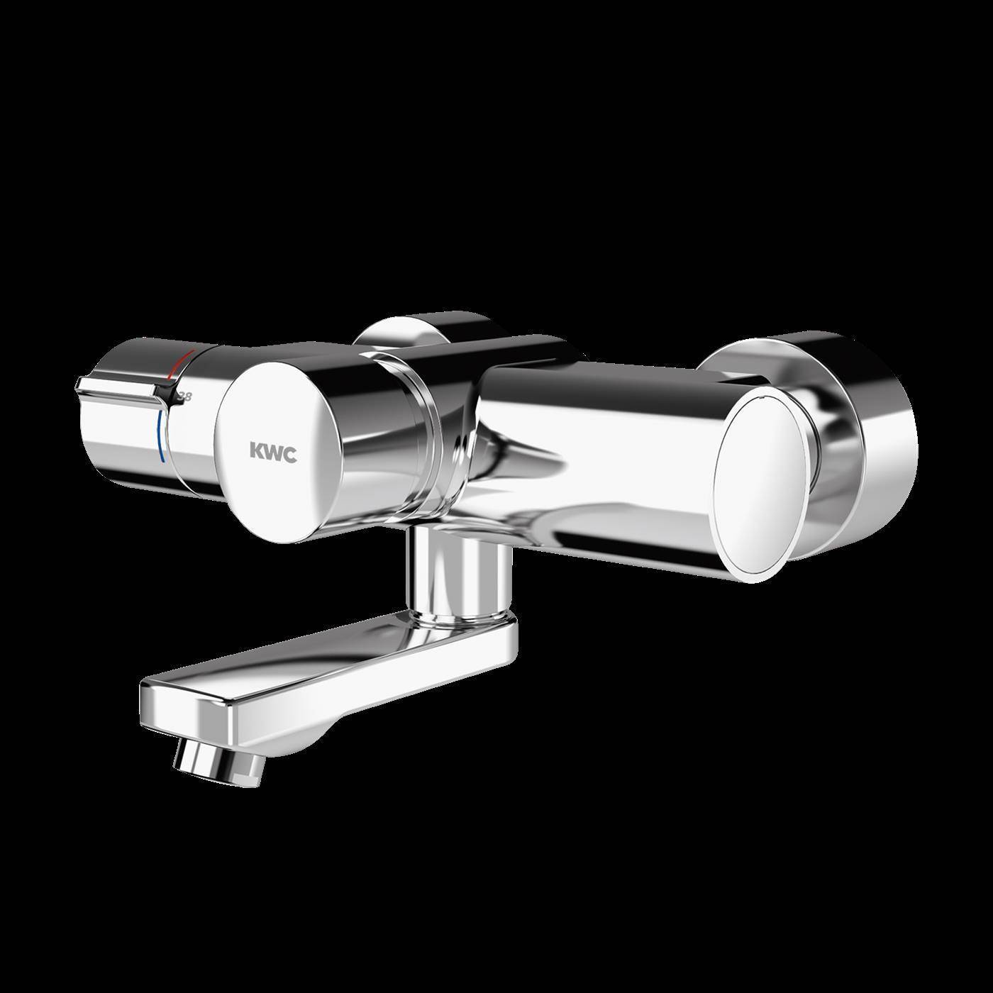 Chrome KWC Wandarmatur mit Einzelhebel und kurzem Auslauf auf schwarzem Hintergrund.