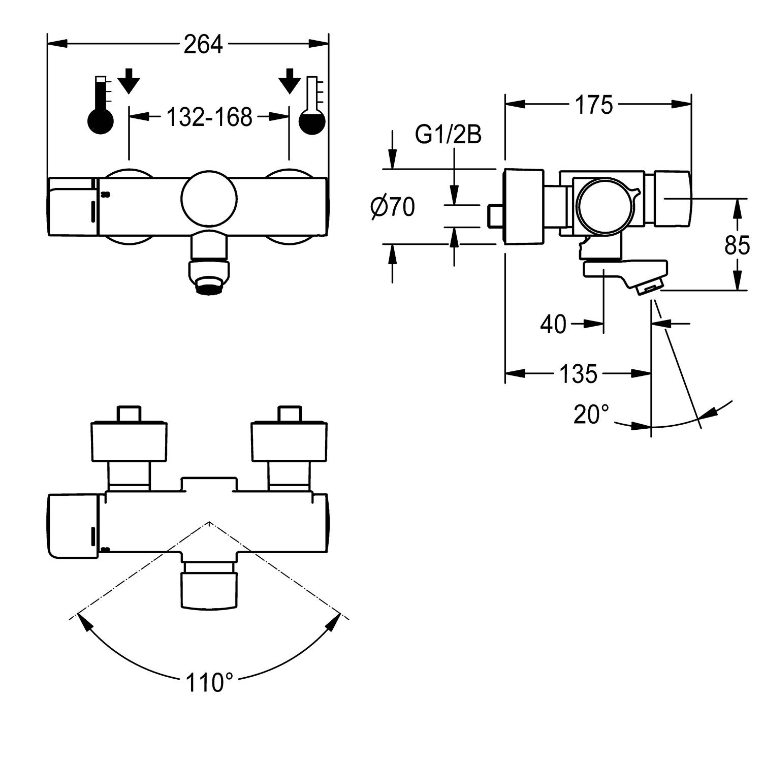 Technische Zeichnung eines thermostatischen Duscharmaturmischers mit Abmessungen. Breite 264 mm, anpassbar von 132-168 mm. Mit 20° Winkel und 110° Drehbereich.