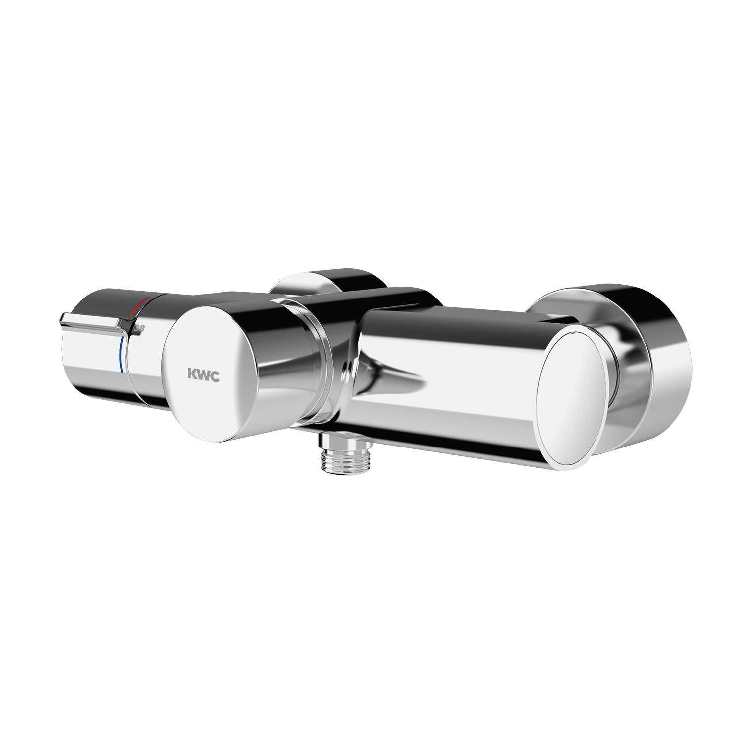 Ein moderner Chrom-Thermostat-Duschenmischer mit Temperatur- und Durchflussregelungen, der vor einem schlichten schwarzen Hintergrund platziert ist.