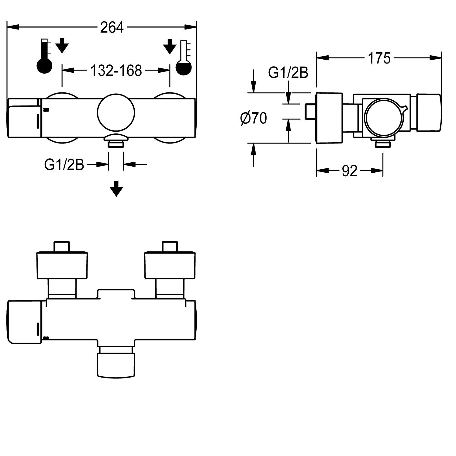 Technische Zeichnung eines thermostatischen Mischventils mit Abmessungen: 264 mm Gesamtbreite, 132-168 mm einstellbarer Bereich und G1/2B-Anschlüsse.