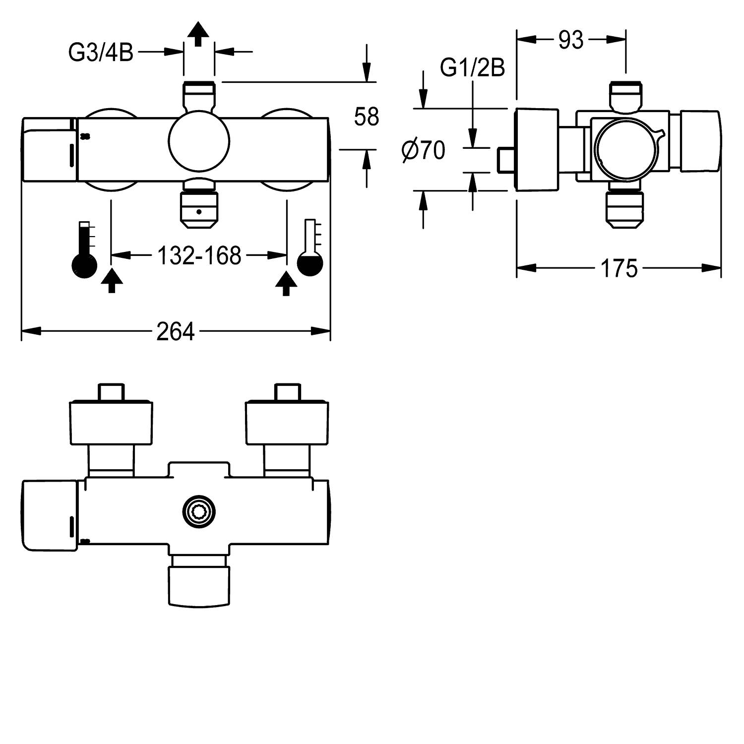 Technische Zeichnung eines Wasserhahns mit Abmessungen. Zeigt Maße: 93 mm, 175 mm, 264 mm, 58 mm und 132-168 mm. Anschlüsse beschriftet mit G3/4B und G1/2B.