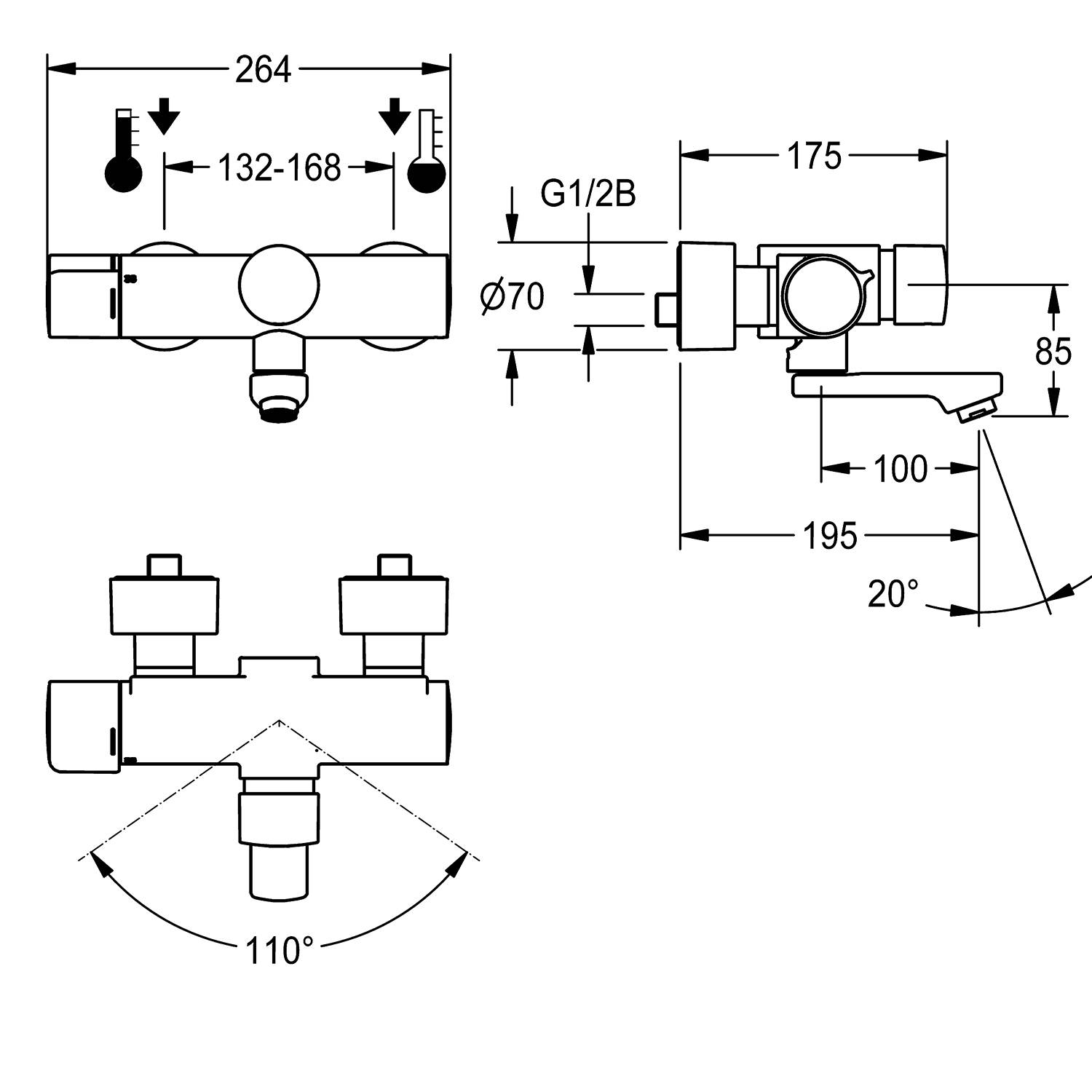 Diagramm eines Badezimmer-Wasserhahns mit Armaturen, die Abmessungen und Winkel zeigt: Breite 264 mm, Tiefe 175 mm, Höhe 85 mm, Ventilöffnung 20°.