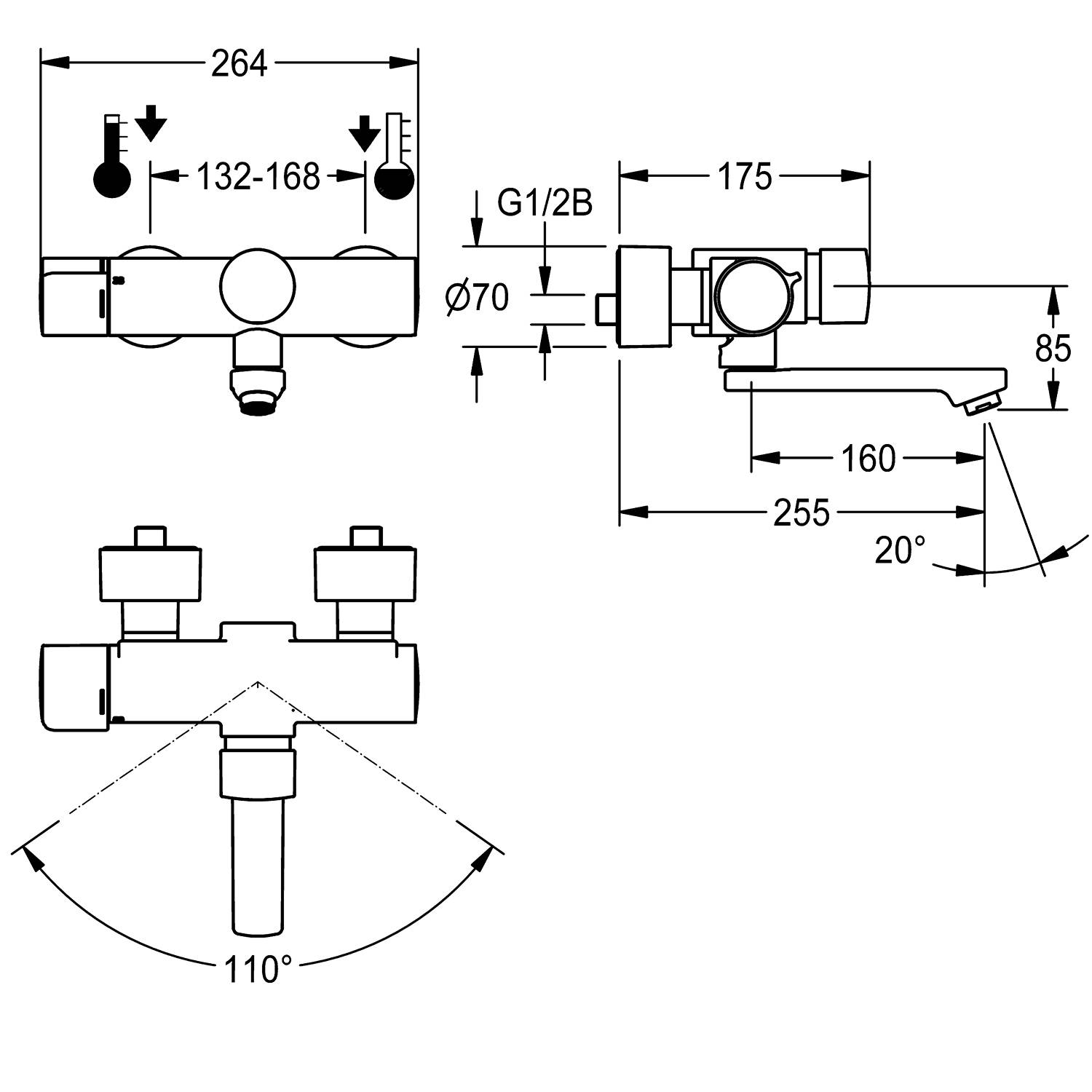 Technische Zeichnung eines Duscharmaturenmischers mit Abmessungen: Tiefe 264 mm, Höhe 175 mm. Winkel zwischen Wasserausgängen: 110°. Handgriffrotation: 20°.