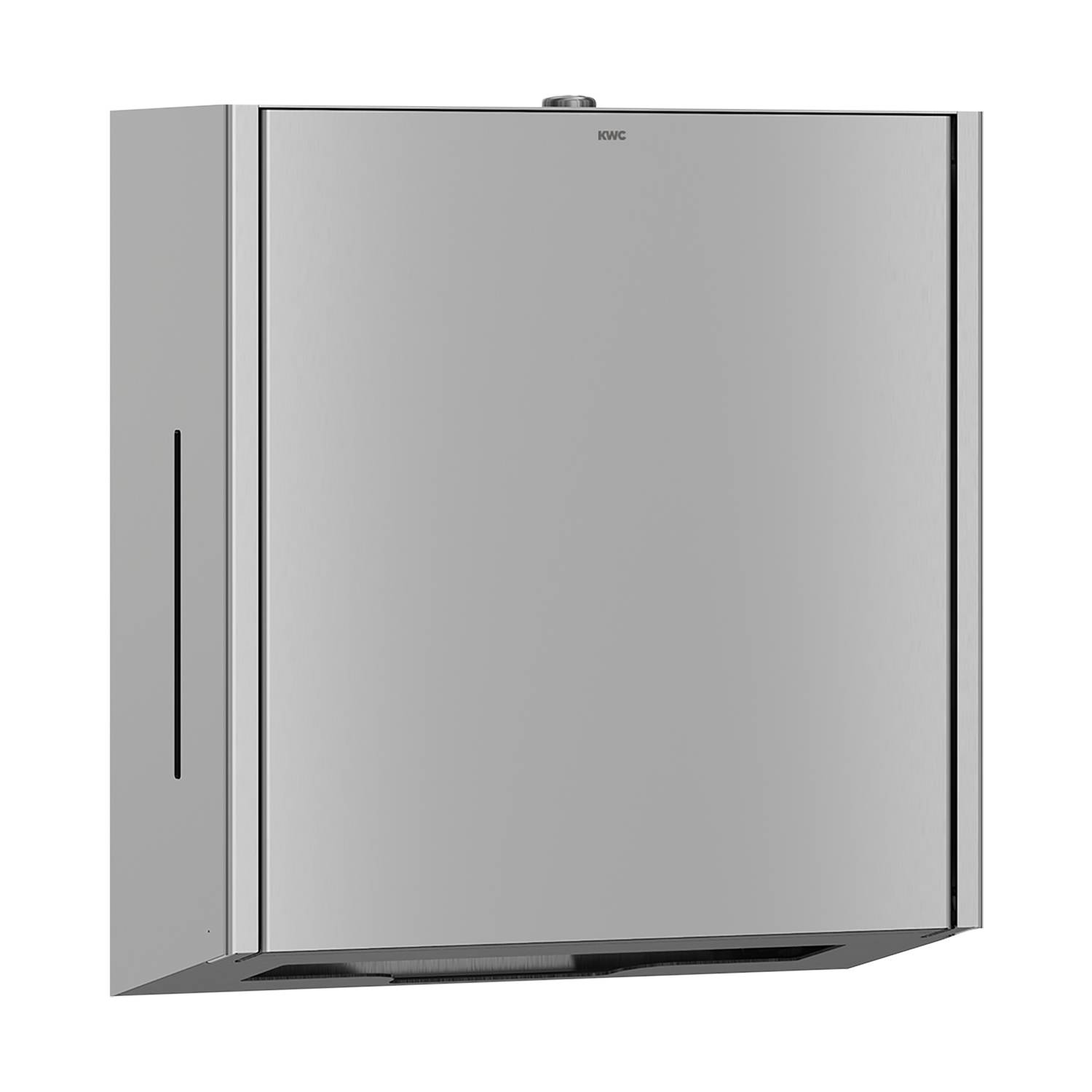 Silberner, rechteckiger, wandmontierter Badezimmerschrank mit Spiegeltür, Griff auf der linken Seite und einem schlichten, minimalistischen Design.