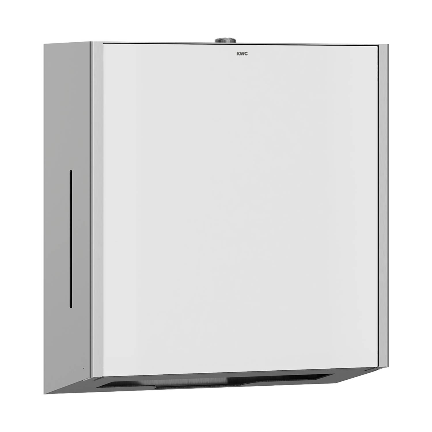Ein schlanker, minimalistischer Edelstahl-Handtrockner zur Wandmontage mit einer frontseitigen Bedienblende und seitlichen Luftauslässen, der sich harmonisch in moderne Einrichtungen einfügt.