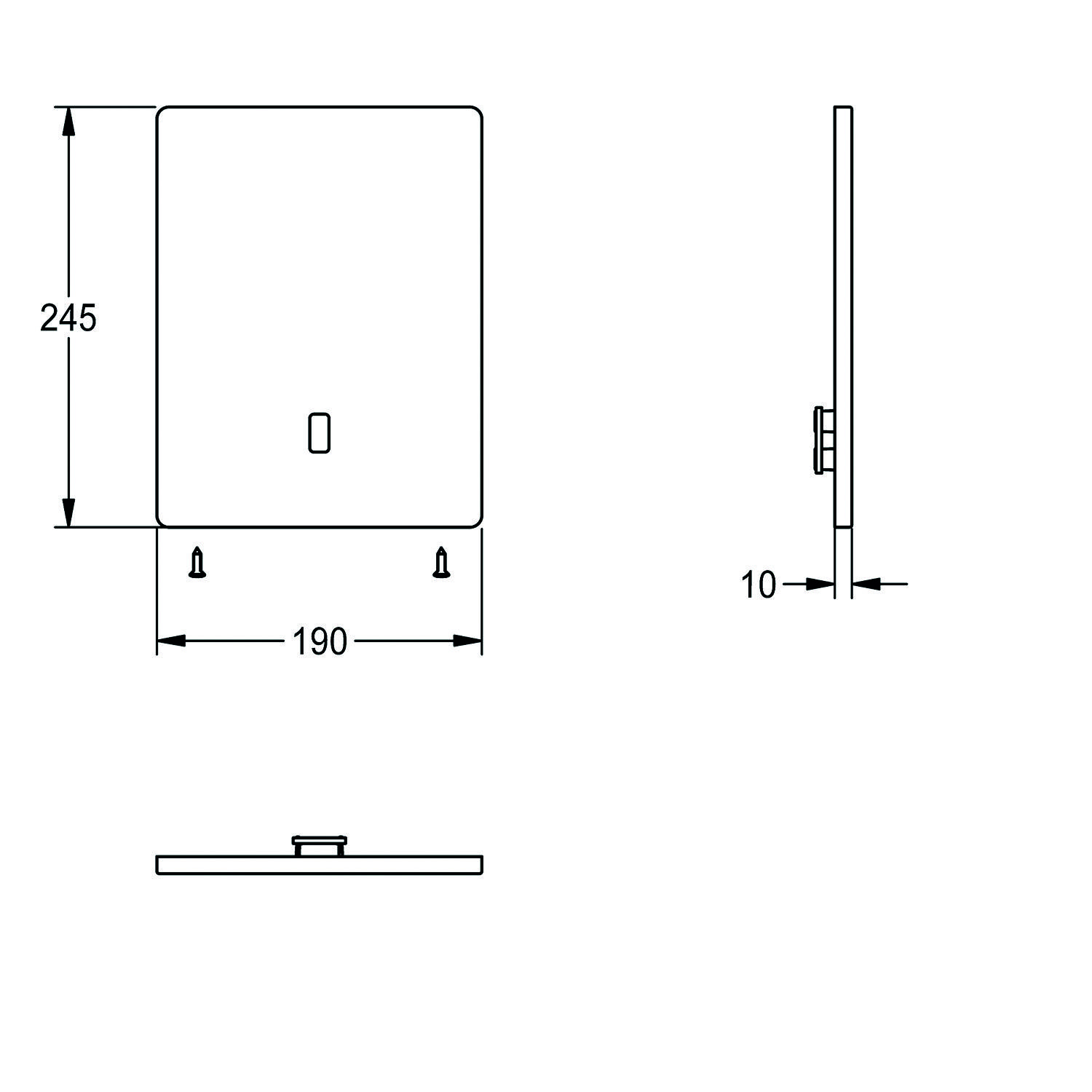 Technische Zeichnung eines wandmontierten rechteckigen Geräts, 245 mm hoch und 190 mm breit, mit einer Dicke von 10 mm, einschließlich Montageinformationen.