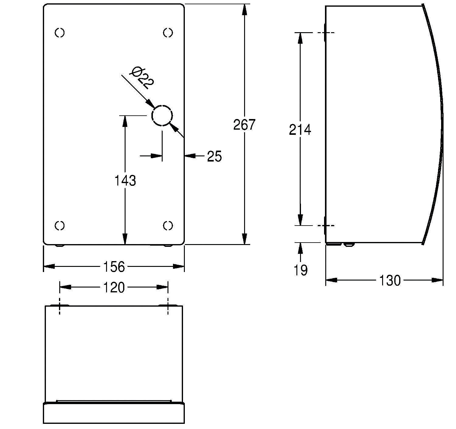 Technische Zeichnung einer rechteckigen Form mit den Abmessungen: 267 Höhe, 156 Breite, 130 Tiefe. Zentraler Kreisdurchmesser beträgt 22.
