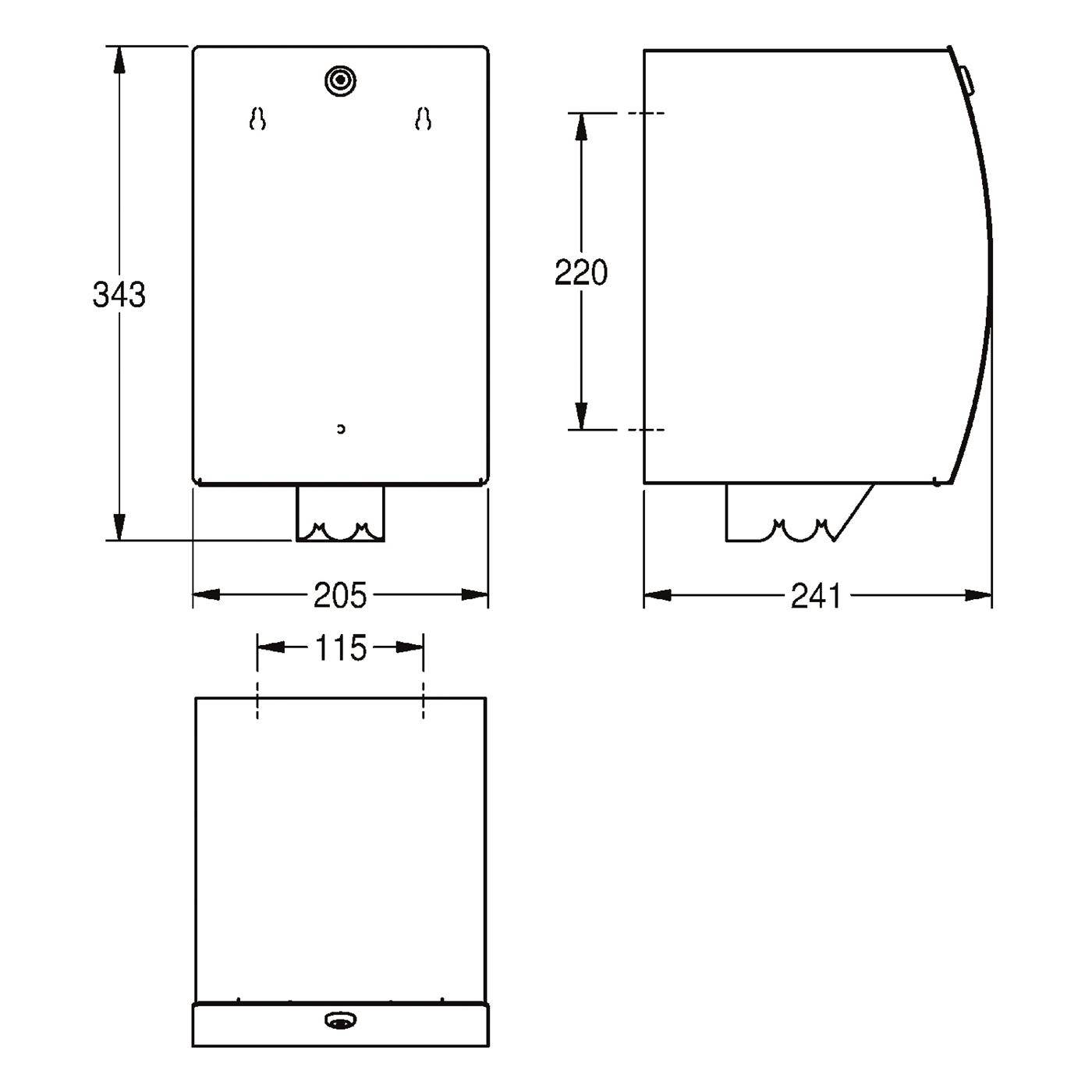 Technische Zeichnung mit Abmessungen einer wandmontierten Einheit, dargestellt in Front-, Seiten- und Unteransicht mit Maßen von 343, 205, 241, 220 und 115 mm.