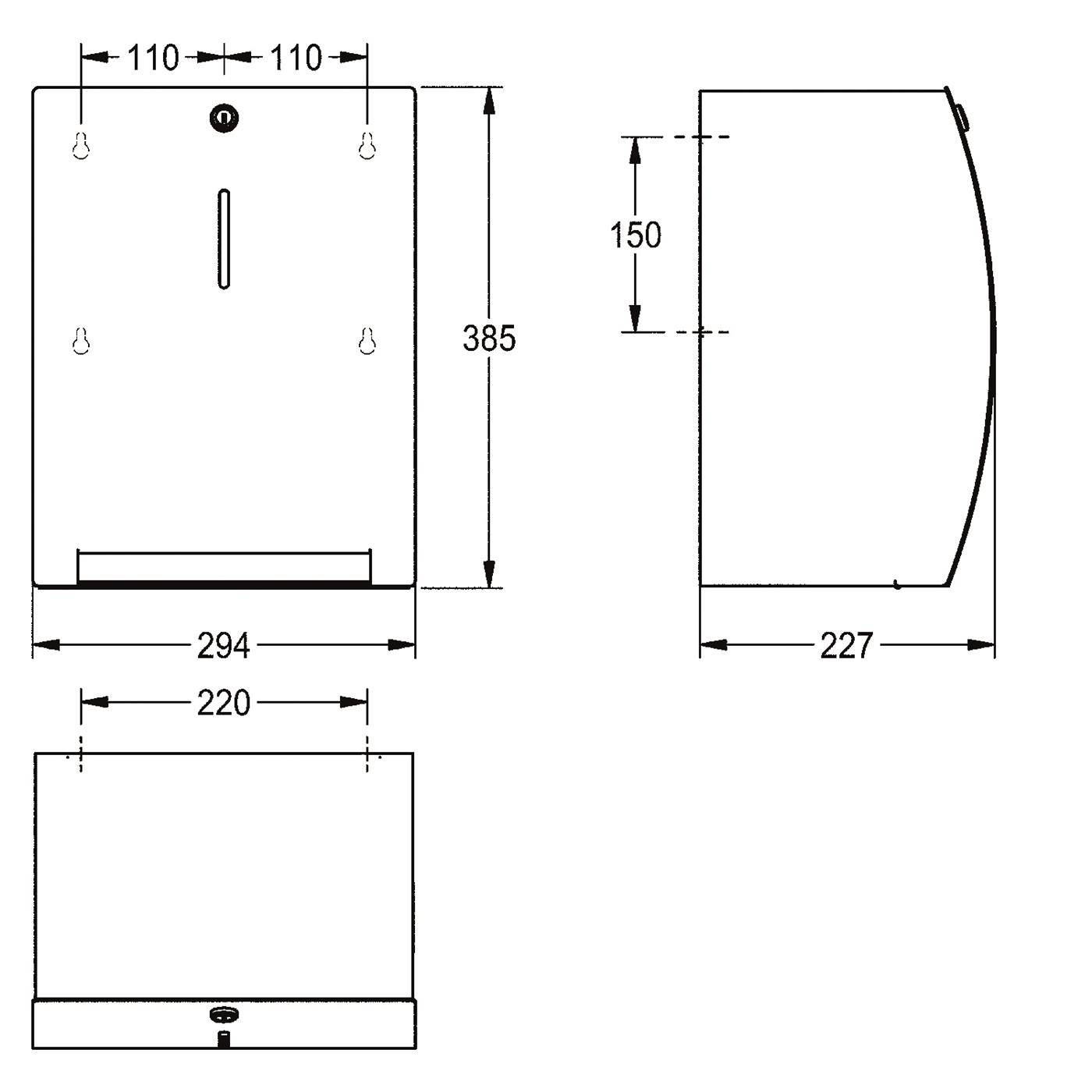 Technische Zeichnung eines wandmontierten rechteckigen Geräts, dargestellt in Vorder-, Seiten- und Unteransicht mit Abmessungen 294 x 385 x 227 mm und Abstände der Befestigungslöcher.