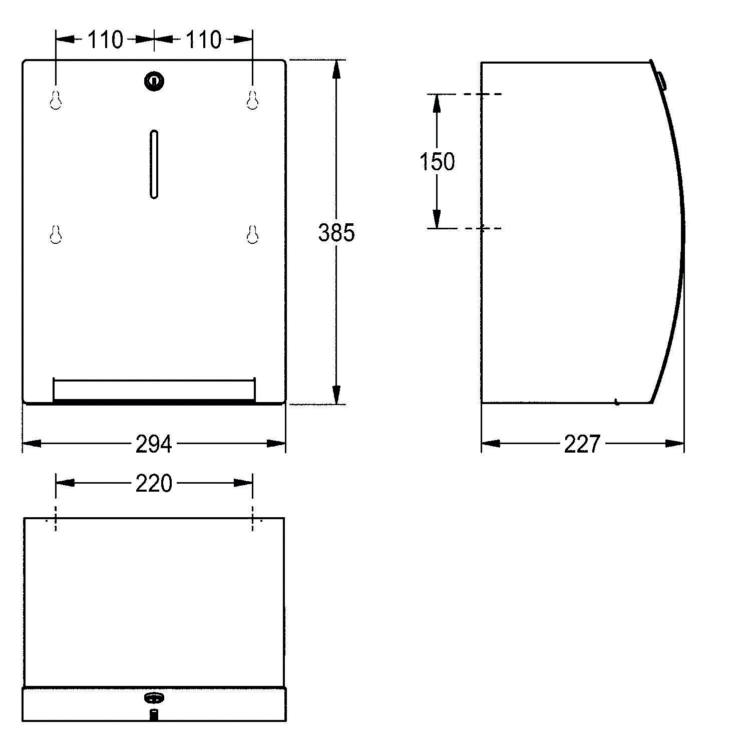 Technische Zeichnung eines Papierhandtuchspenders mit Maßen: Höhe 385 mm, Breite 294 mm, Tiefe 227 mm, Befestigungspunkte dargestellt.