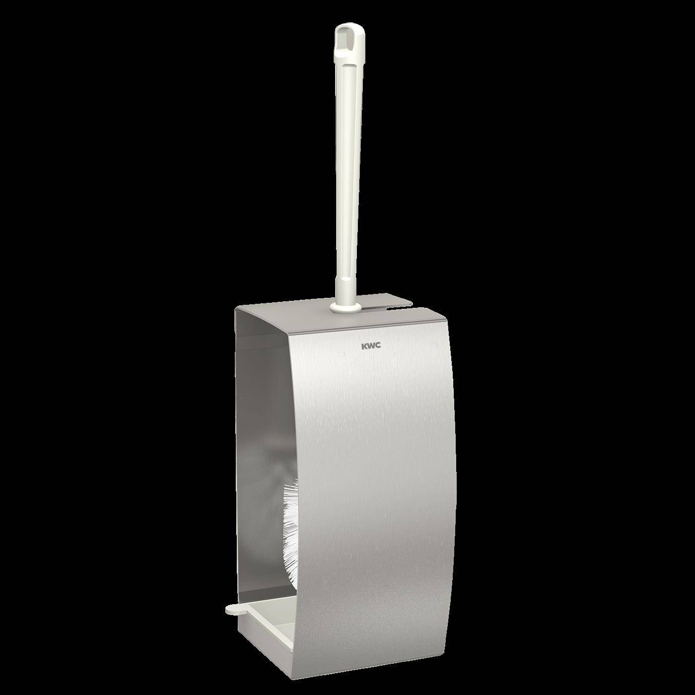 Eine Toilettenbürste in einem silbernen Behälter mit weißem Griff, gezeigt vor schwarzem Hintergrund.