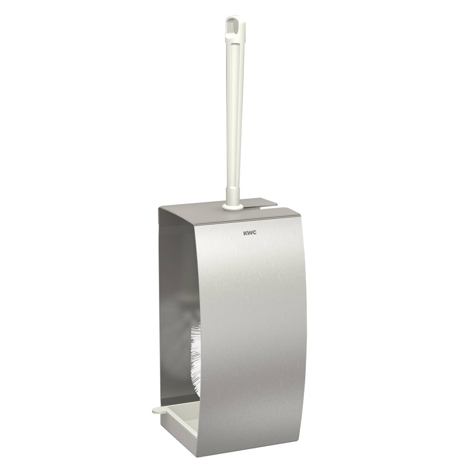 Edelstahl-Toilettenbürste mit Halterung vor schwarzem Hintergrund.