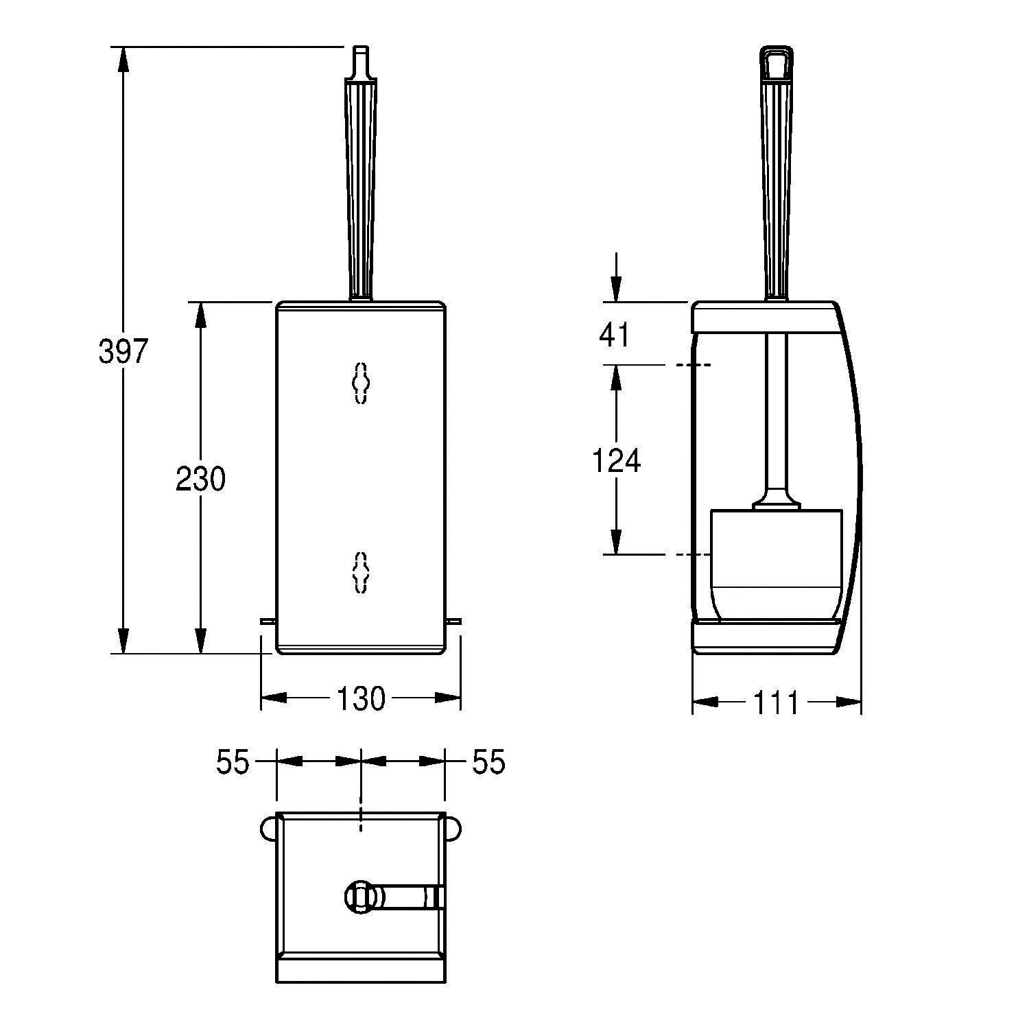 Toilettenbürsten-Set-Diagramm mit Maßangaben: Höhe 397mm, Bürstengriff 230mm, Breite 130mm, Sockel 111mm, mit Vorder- und Seitenansicht.