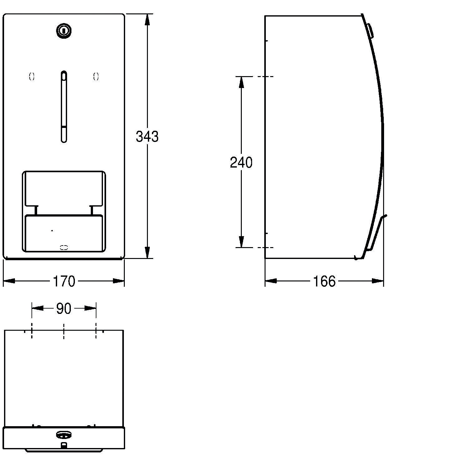 Diagramm mit Spenderdimensionen: Breite 170 mm, Höhe 343 mm, Tiefe 166 mm. Seitenansichtshöhe von 240 mm und Türbreite von 90 mm.