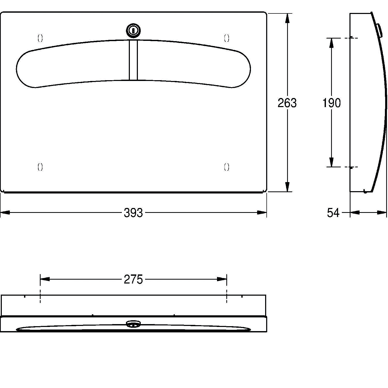 Wandmontierter Seifenspender Abmessungen: 393 mm Breite, 263 mm Höhe, 190 mm Tiefe. Seitenansicht zeigt 54 mm Tiefe im oberen Bereich.