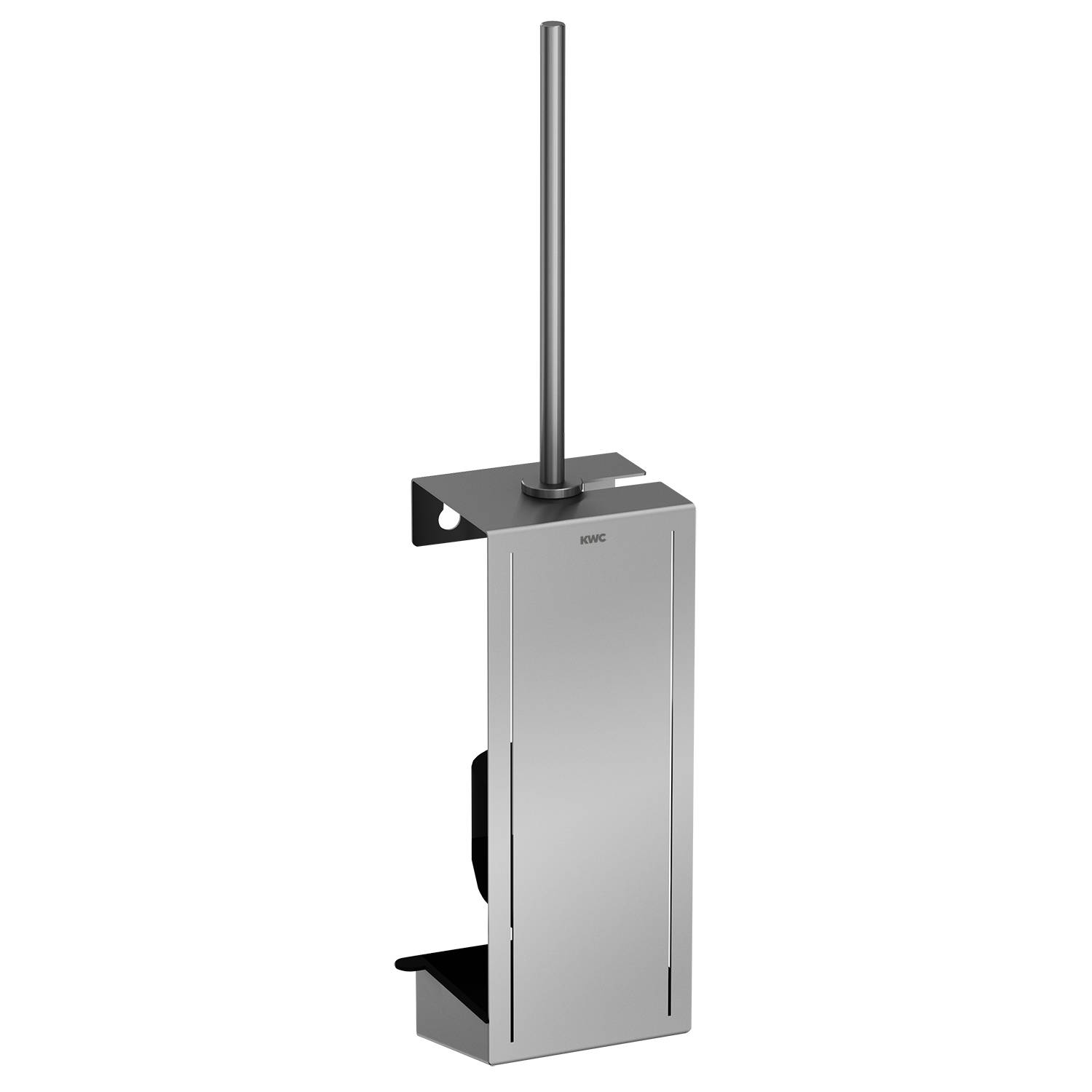Eine elegante, moderne Toilettenbürste mit einem silbernen rechteckigen Halter und Griff, in einem minimalistischen Stil vor einem schwarzen Hintergrund.