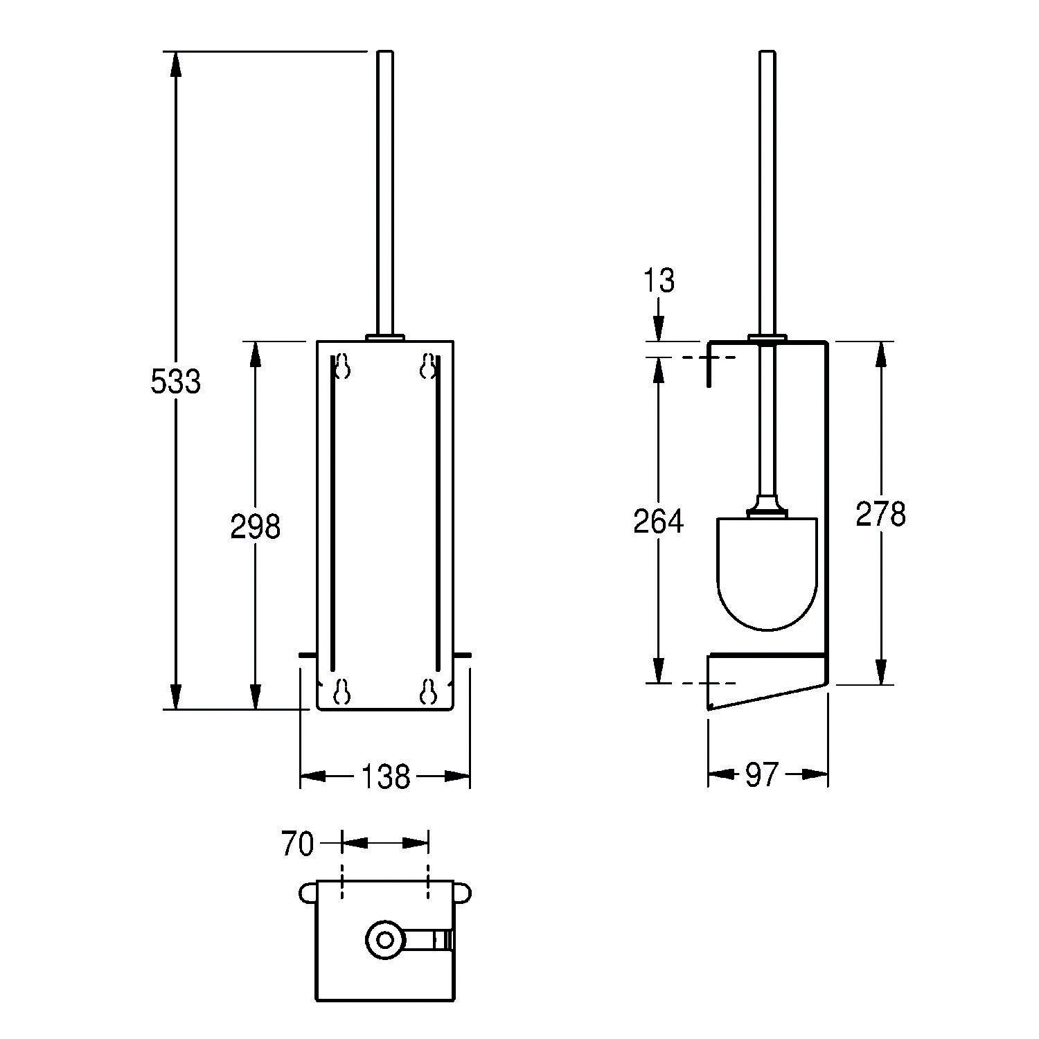 Technische Zeichnung eines Toilettenbürstenhalters mit Abmessungen: Höhe 533 mm, Breite 138 mm, Bürstenhöhe 278 mm, Basis 70 mm, wandmontierbar.