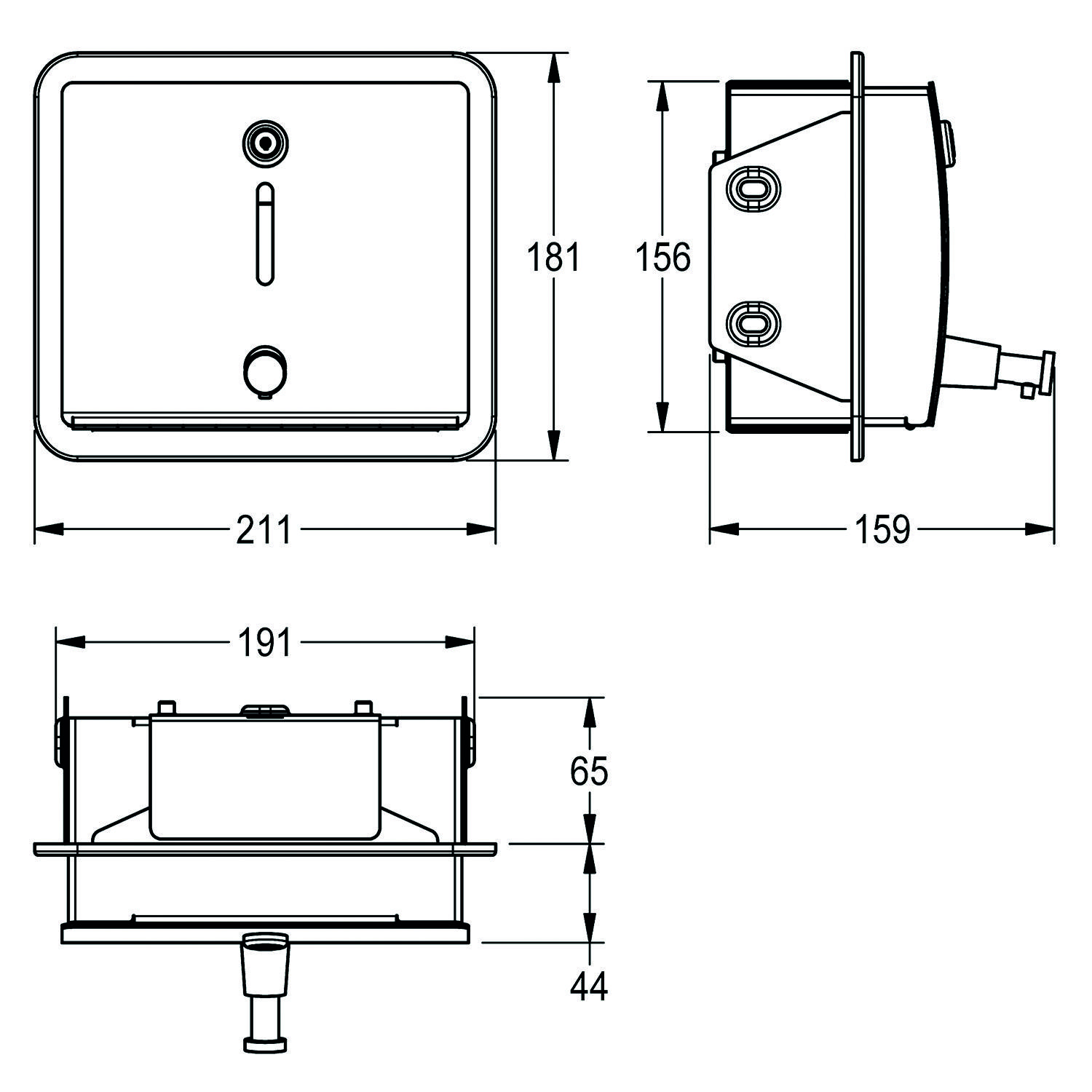 Technische Zeichnung einer rechteckigen Box mit Maßen: Frontansicht 211x181mm, Seitenansicht 156x159mm, Draufsicht Höhe 65mm plus 44mm.