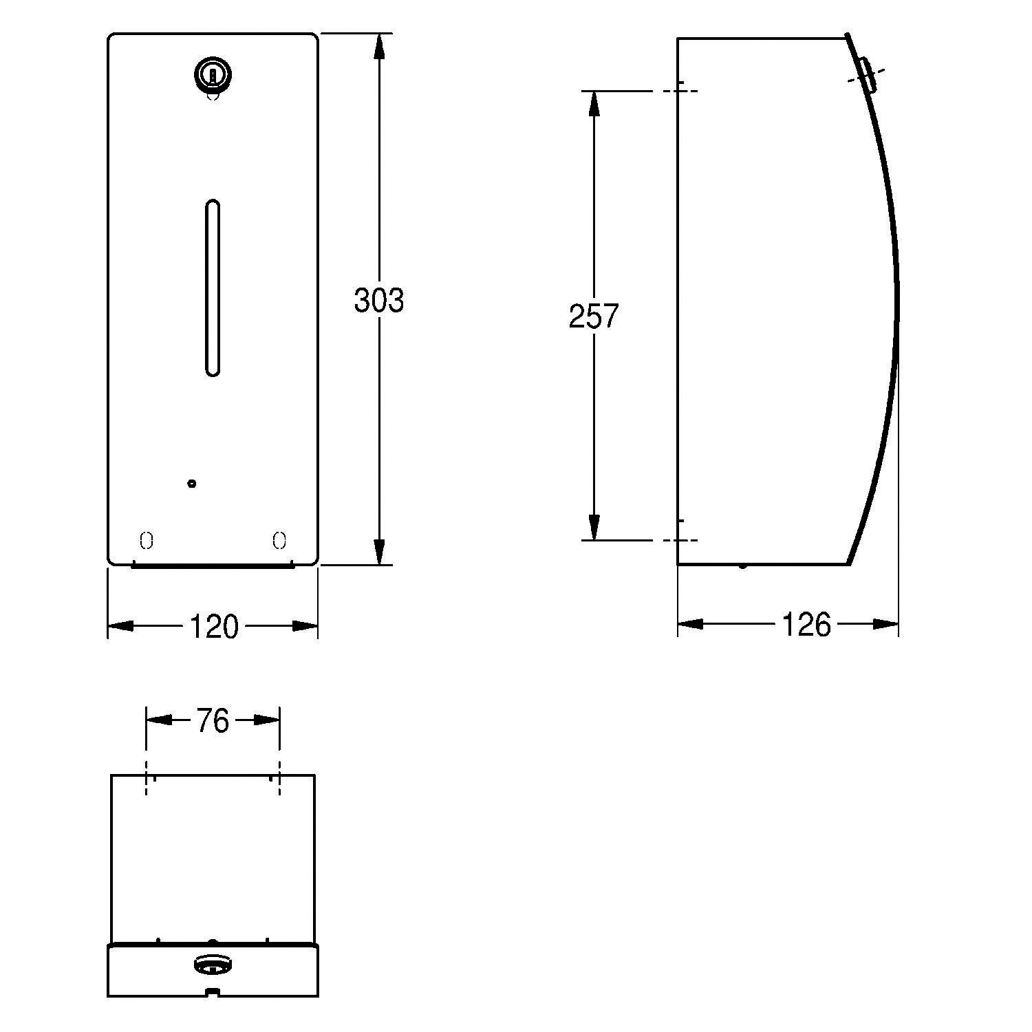 Wandmontierter rechteckiger Papierhandtuchspender mit Schlüsselschloss. Frontansicht Höhe: 303 mm, Breite: 120 mm; seitliche Tiefe: 126 mm.