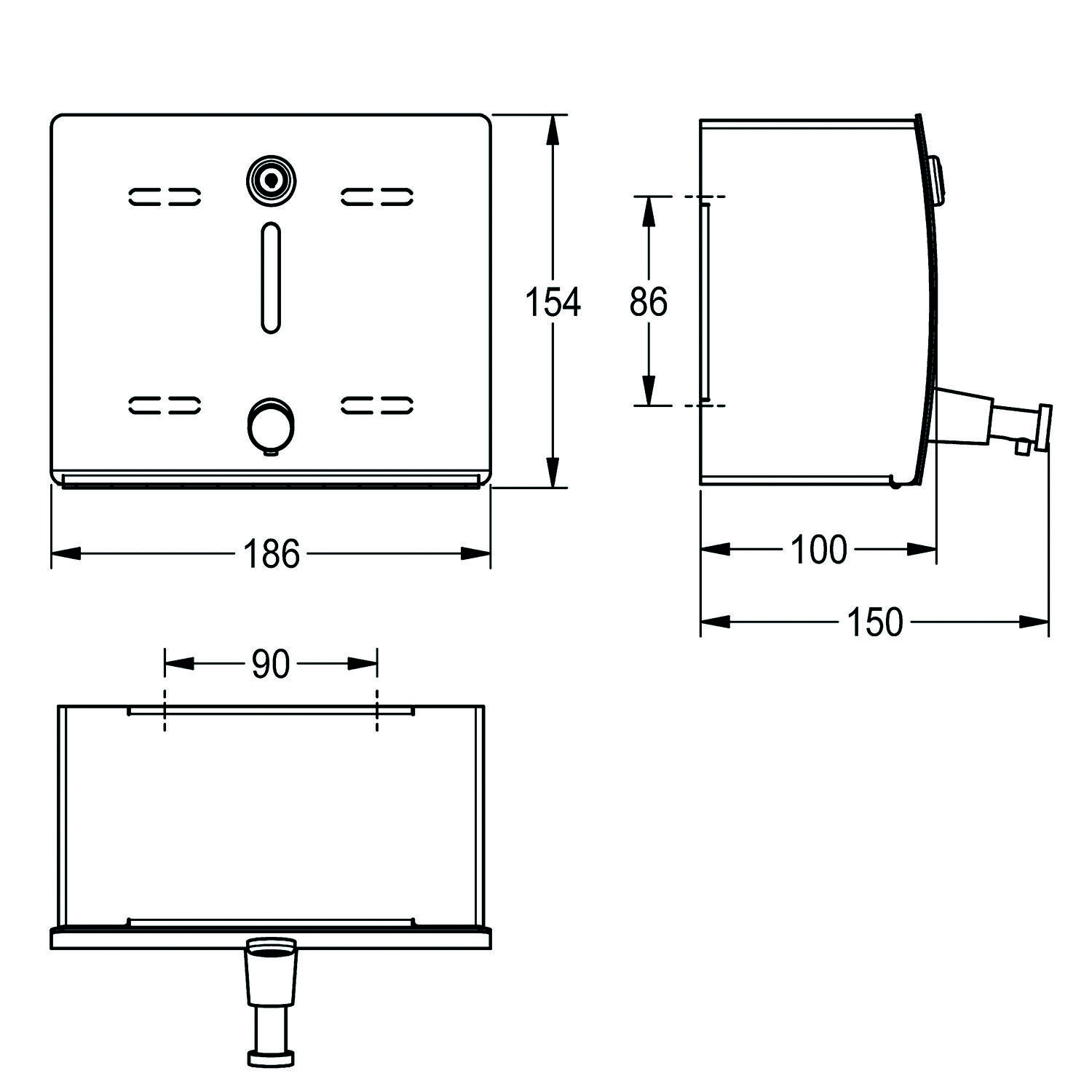 Wandmontierter Seifenspender Abmessungen: 186 mm breit, 154 mm hoch, 100 mm tief; Düse ragt 150 mm heraus. Seiten- und Frontansicht dargestellt.