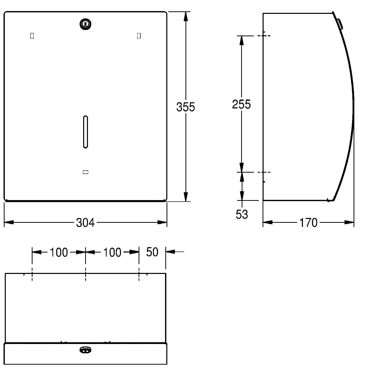 Wandmontierter Papierhandtuchspender: Höhe 355 mm, Breite 304 mm, Tiefe 170 mm.Inklusive Installationsmaße.