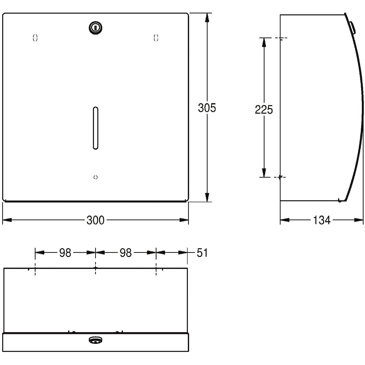 Technische Zeichnung eines wandmontierten Spenders mit Vorder-, Seiten- und Draufsicht mit Abmessungen: 300 x 305 mm Vorderseite, 134 mm Tiefe, 225 mm Höhe und obere Abschnitte 98, 98 und 51 mm.