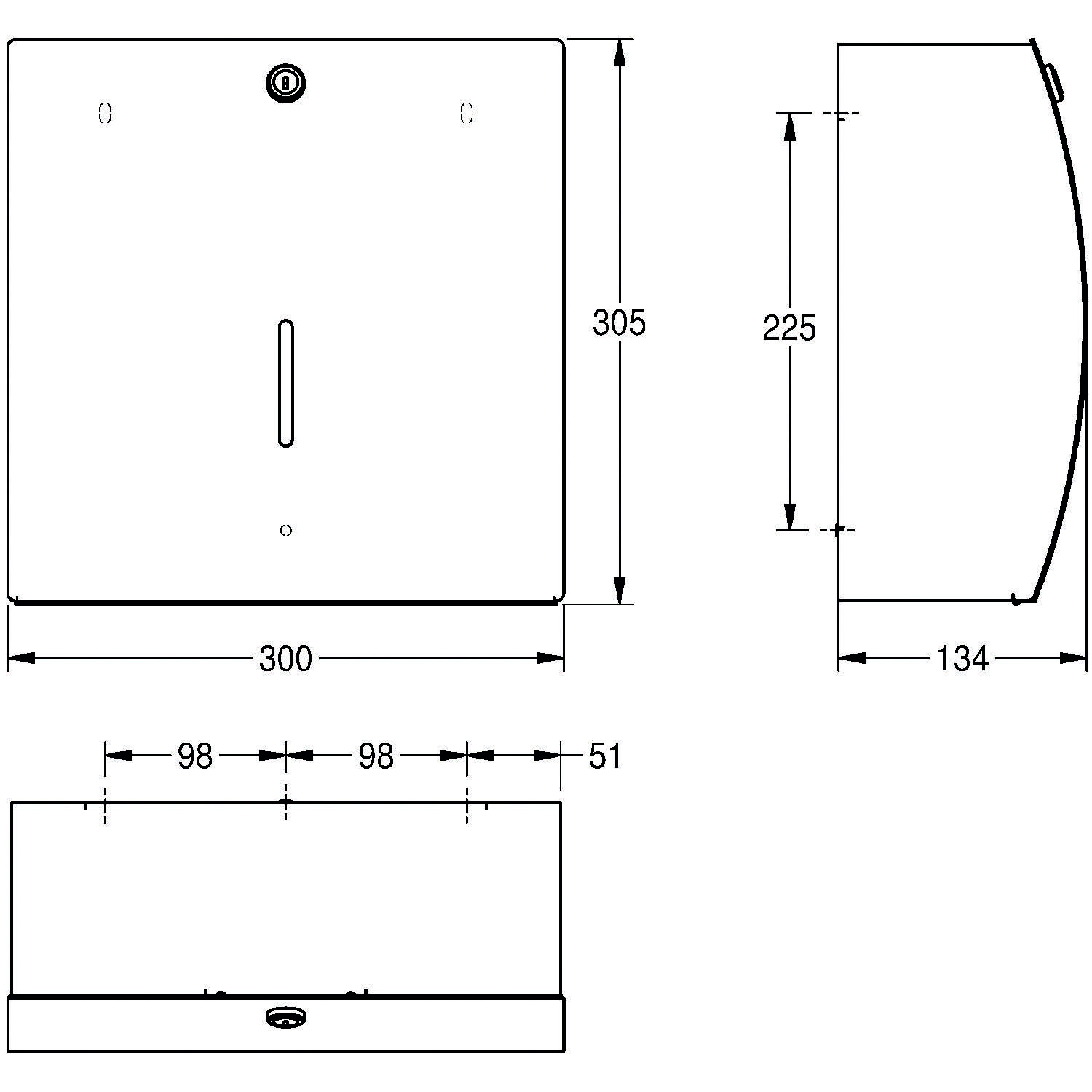 Quadratischer Papiertuchspender mit frontaler, seitlicher und Draufsicht, mit Abmessungen: 305 mm Höhe, 300 mm Breite, 134 mm Tiefe.