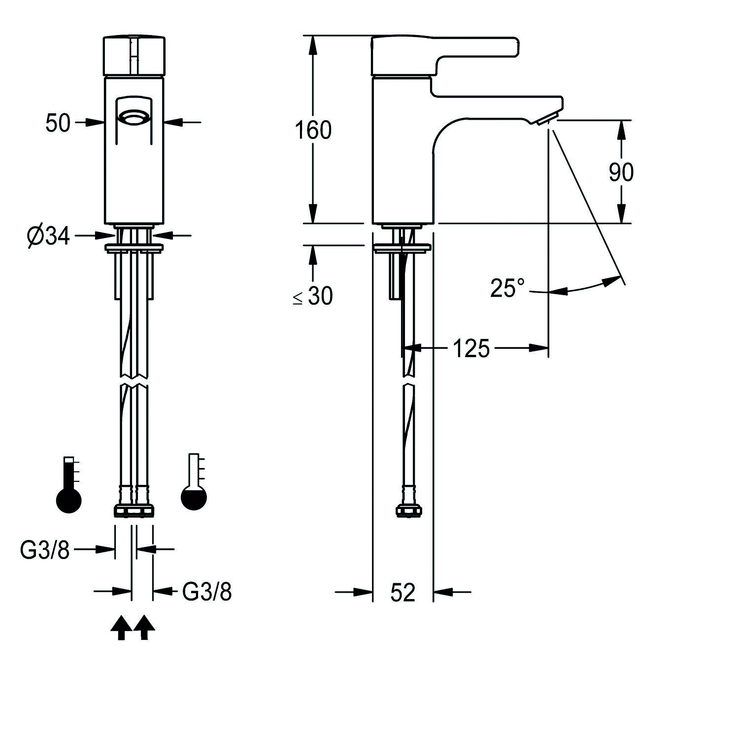 Technische Zeichnungen eines Wasserhahns mit Maßangaben: Gesamthöhe 160 mm, Auslauflänge 125 mm und Auslaufhöhe 90 mm. Durchmesser 34 mm.