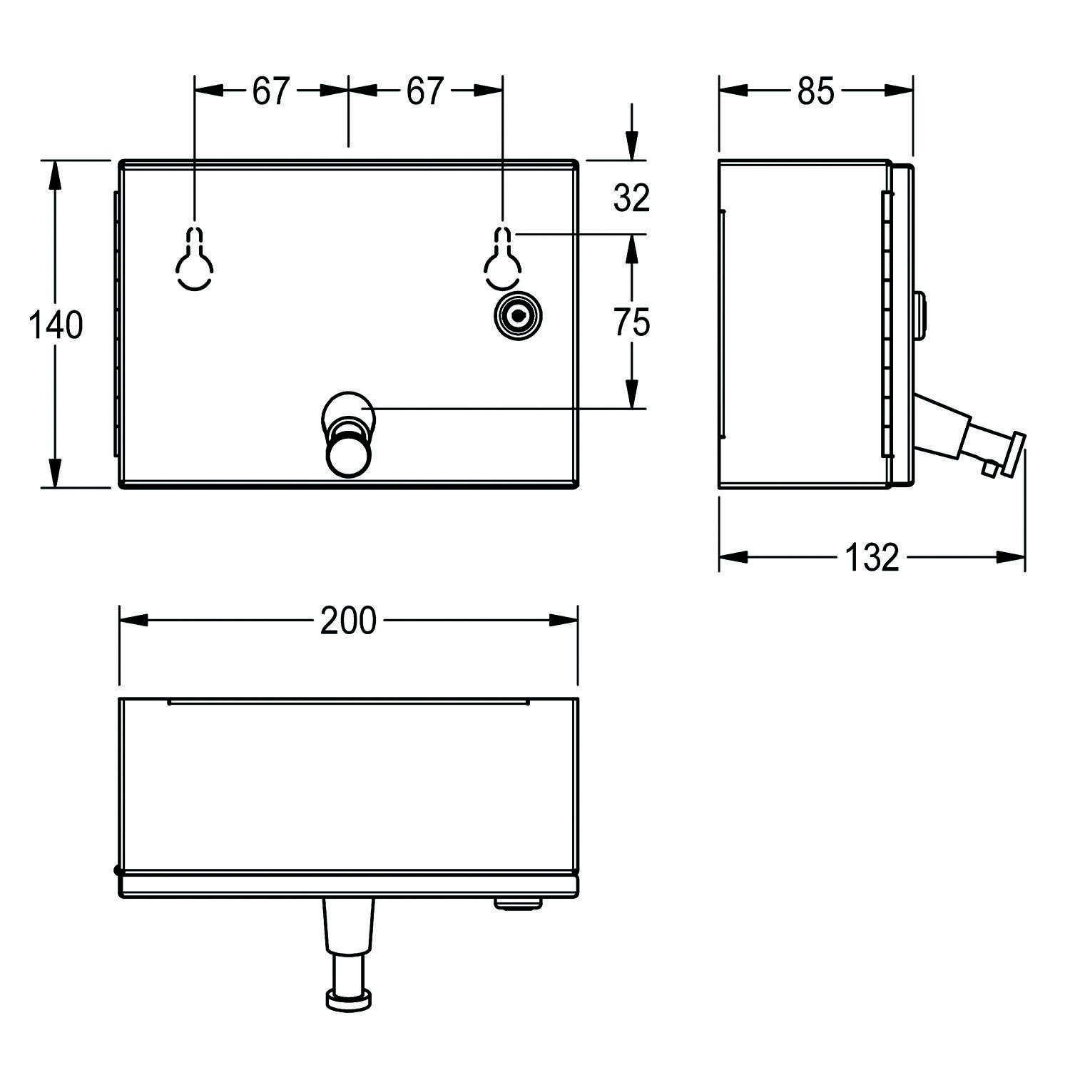 Technische Zeichnung eines wandmontiertes Geräts mit Abmessungen: 140 mm Höhe, 200 mm Breite und 132 mm Tiefe, einschließlich Montagepunkte.